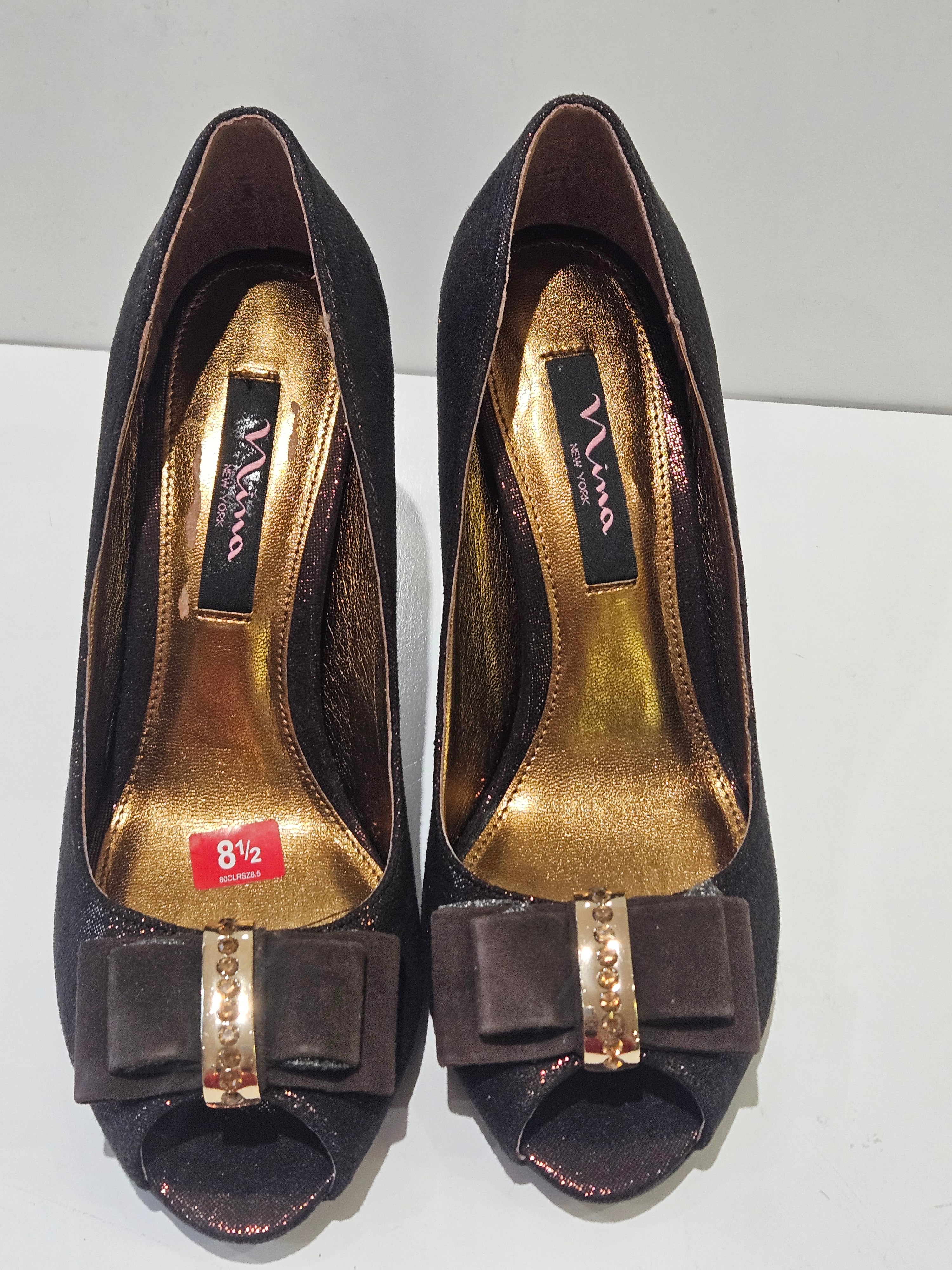 Nina New York Womens Size 8.5 Brown Metallic Peep Toe Heels Bow Rhinestone