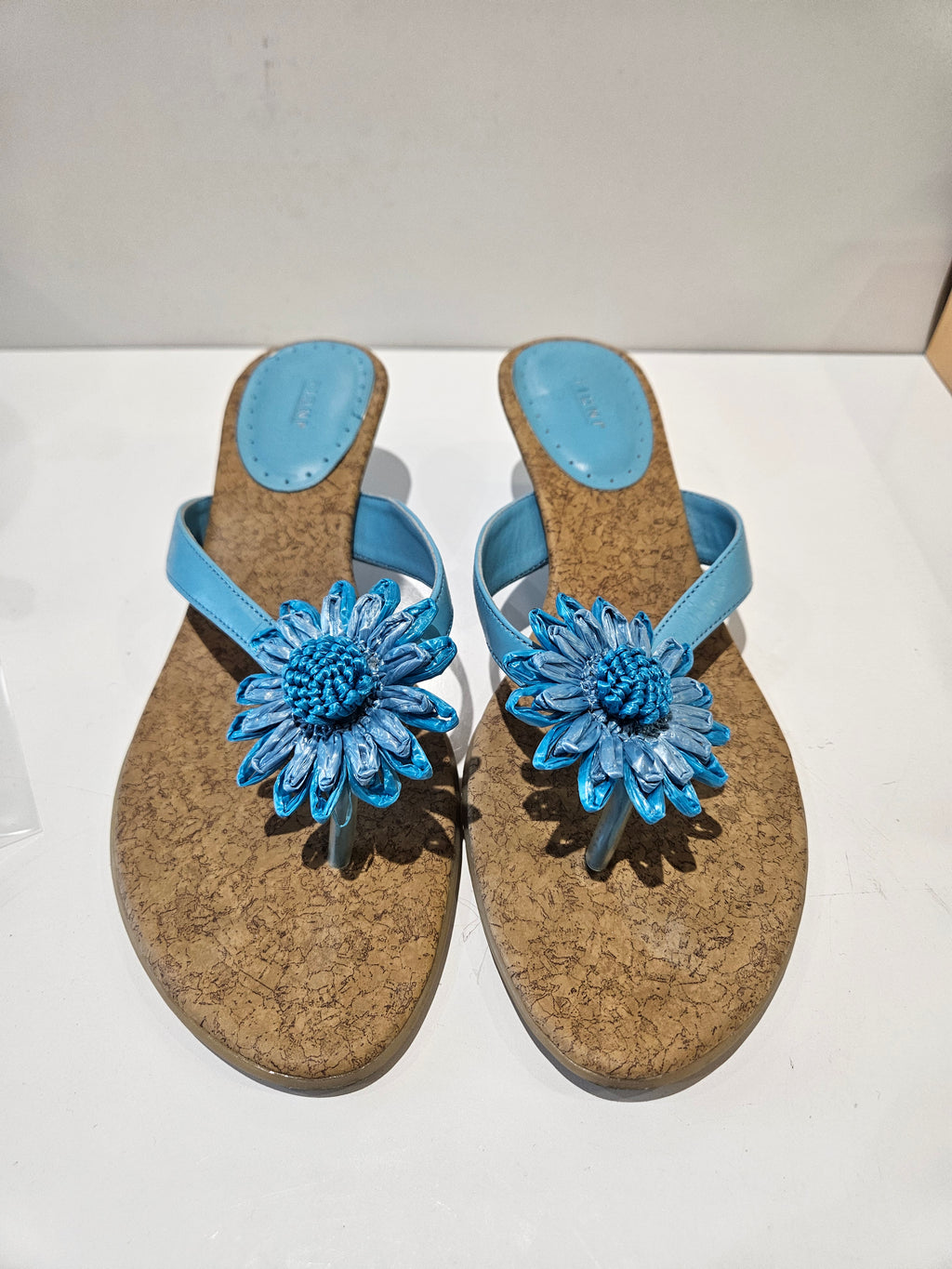 Fioni Blue Floral Cork Heel Sandals Women’s Size 8.5W Dress Slide Shoes