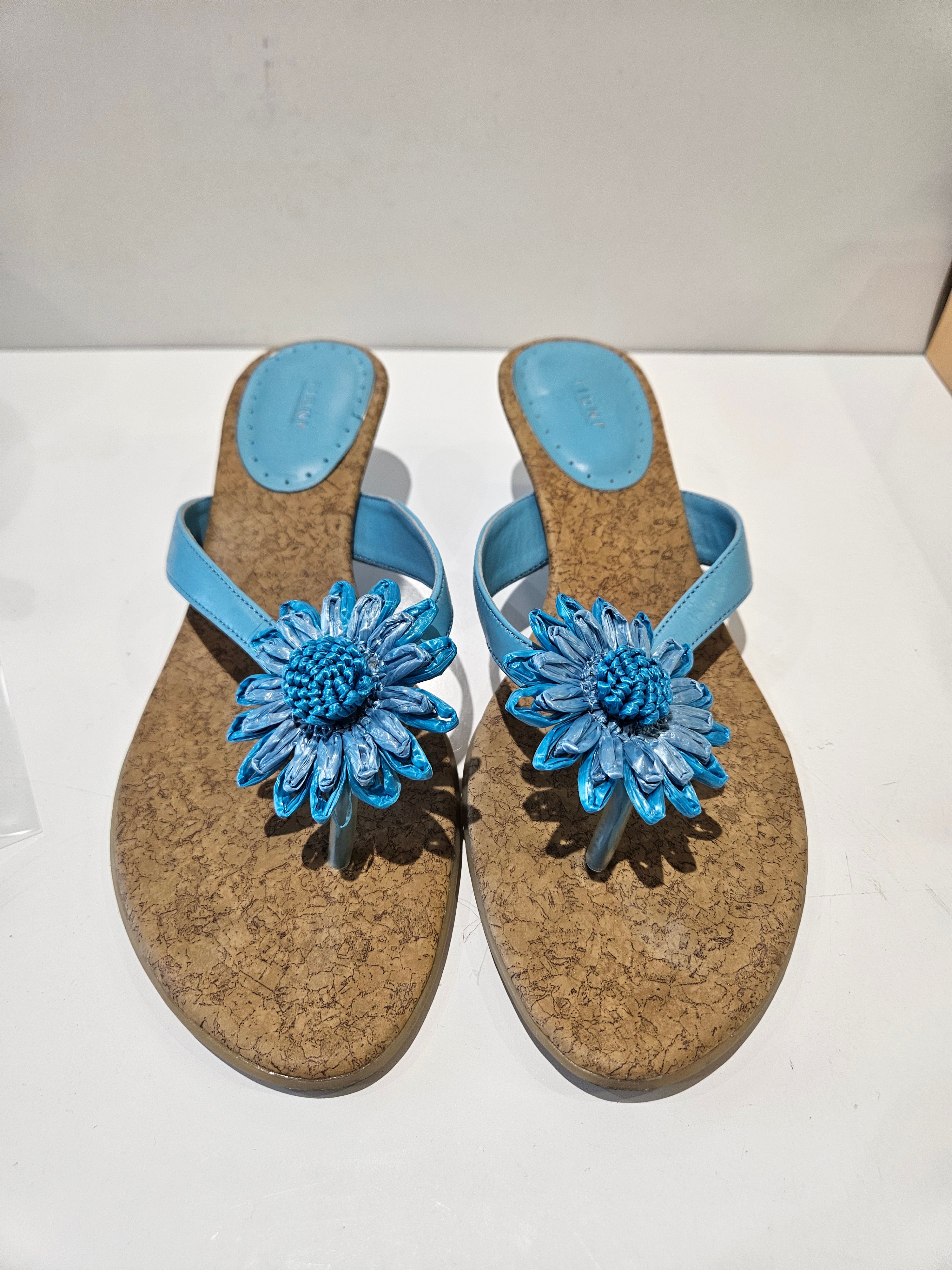 Fioni Blue Floral Cork Heel Sandals Women’s Size 8.5W Dress Slide Shoes