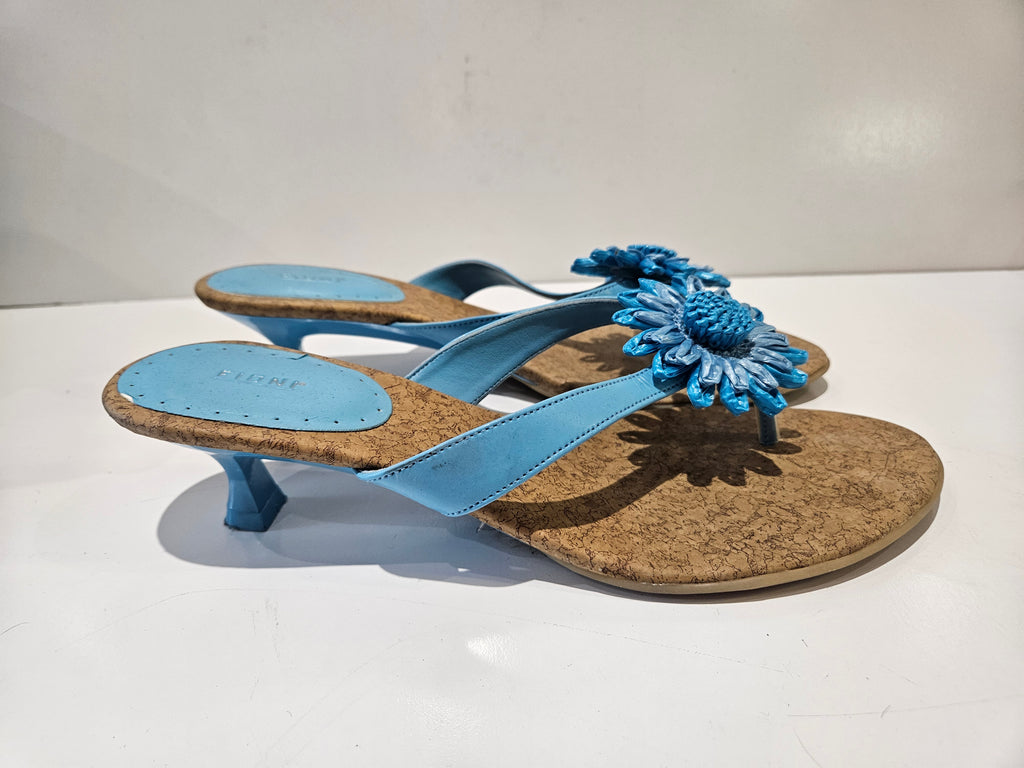 Fioni Blue Floral Cork Heel Sandals Women’s Size 8.5W Dress Slide Shoes