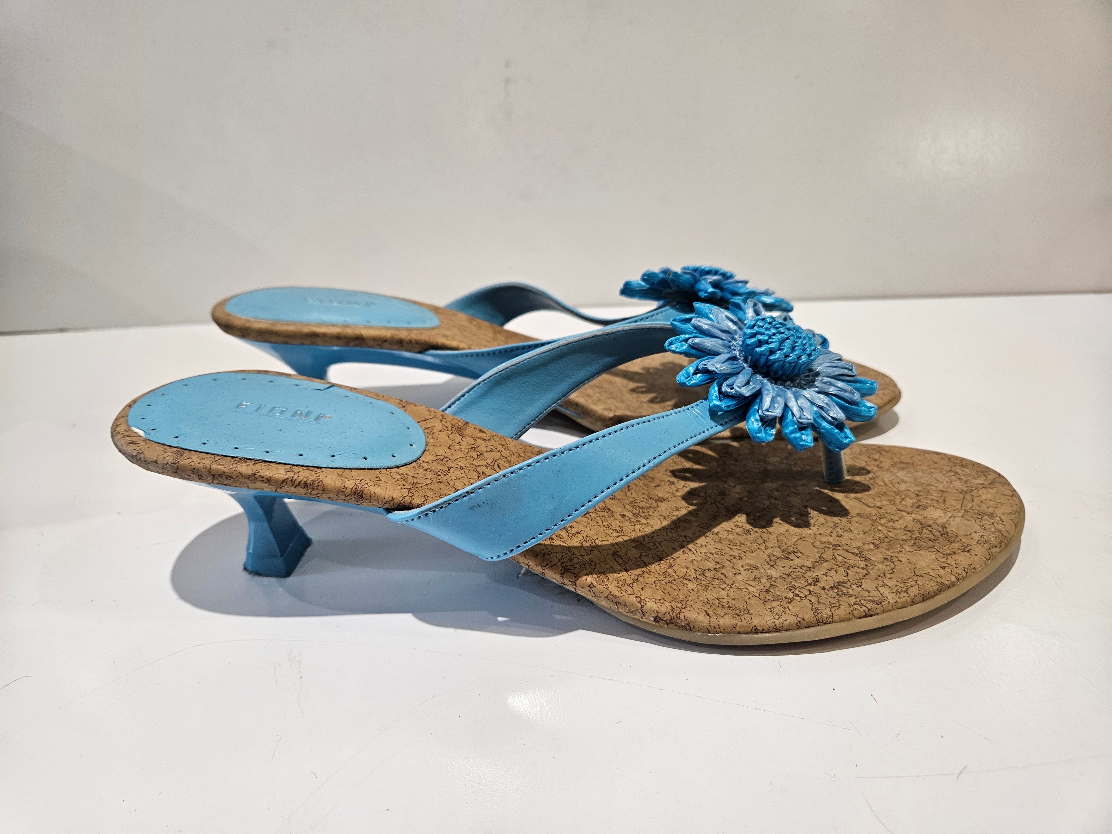 Fioni Blue Floral Cork Heel Sandals Women’s Size 8.5W Dress Slide Shoes