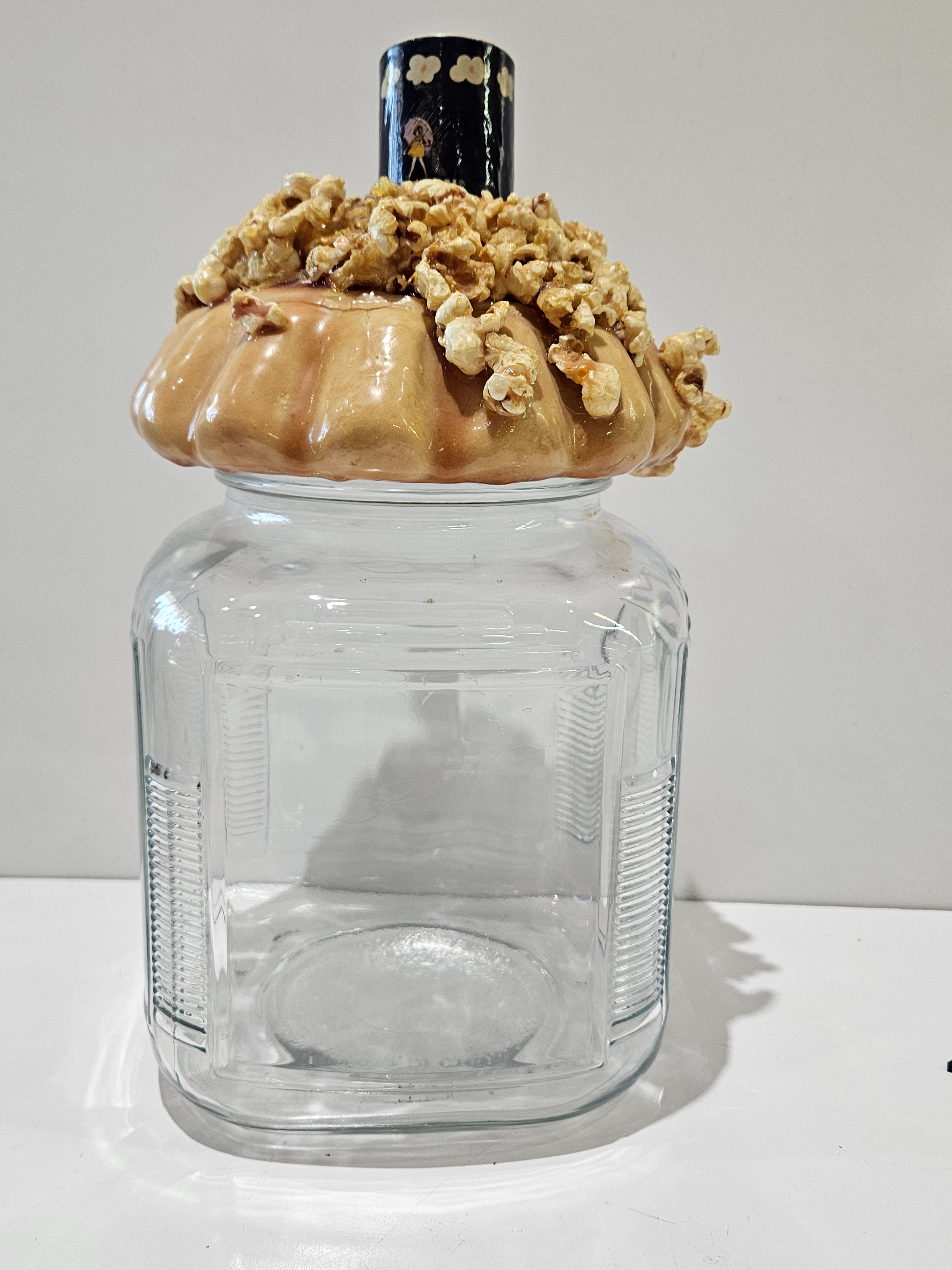 Vintage Morton Popcorn Ceramic Lid Glass Jar Kitchen Canister Retro Decor