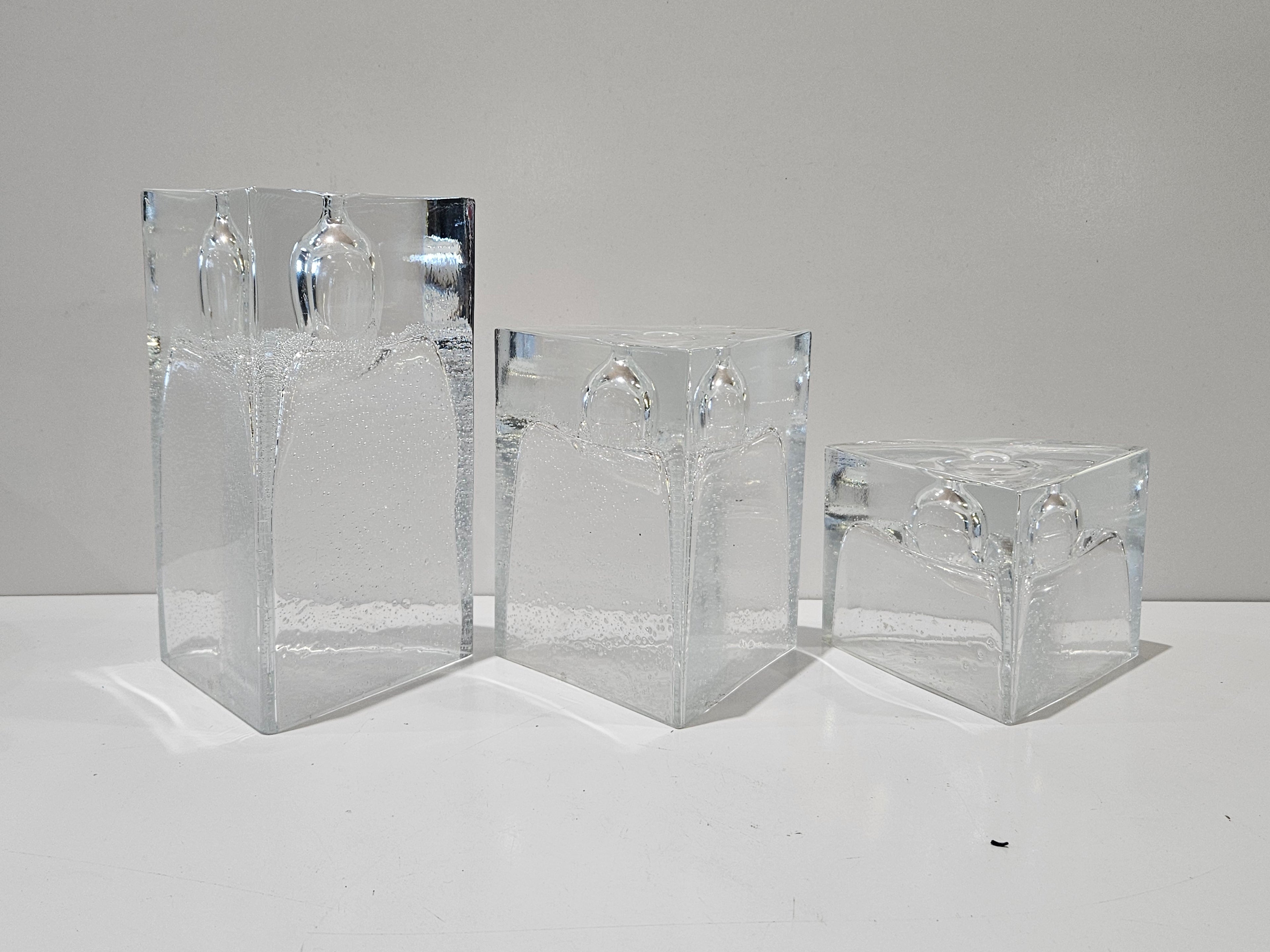 Vintage Set Of 3 Clear Art Glass Bubble Block Candle Holders Geometric Decor