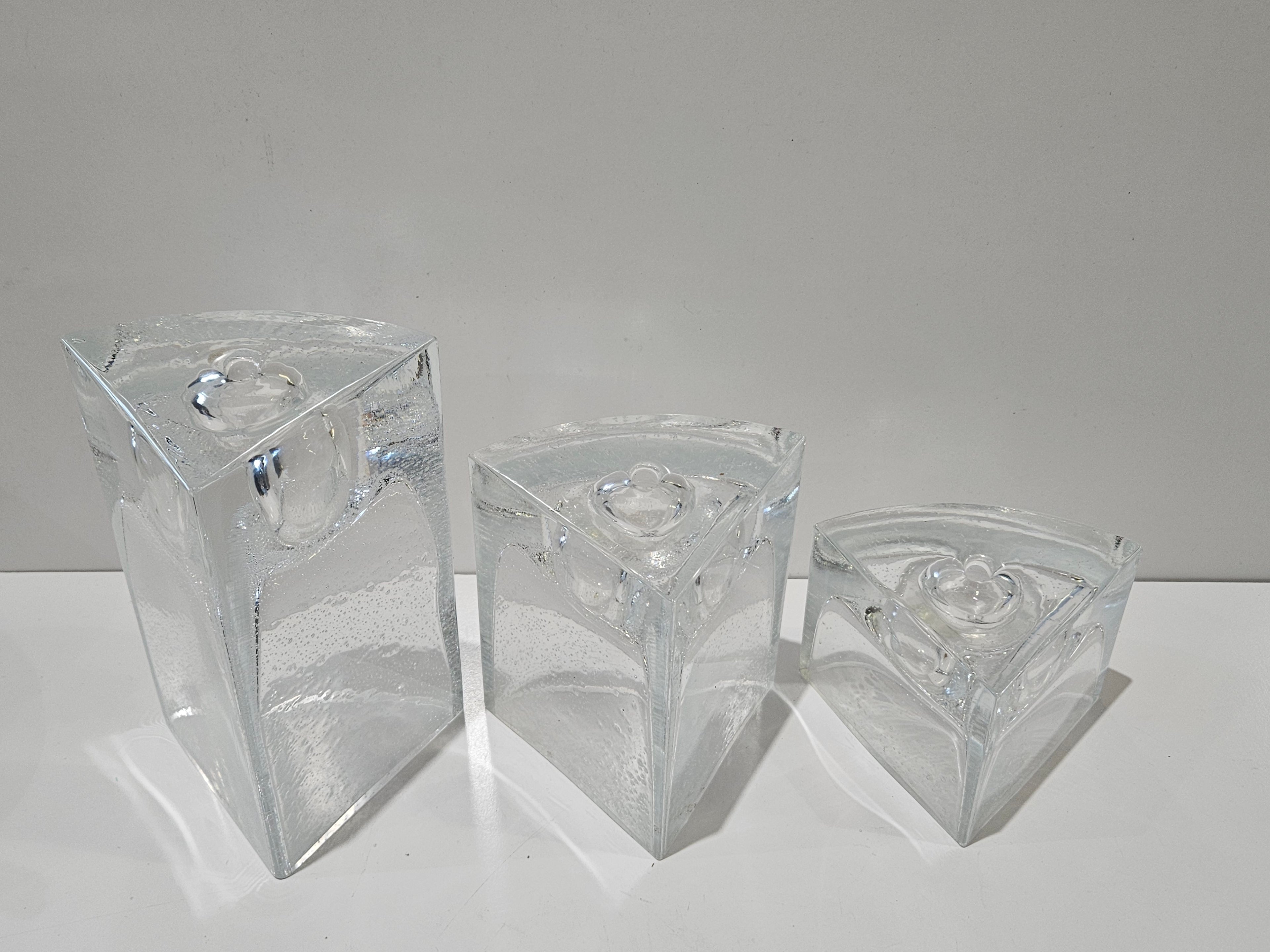 Vintage Set Of 3 Clear Art Glass Bubble Block Candle Holders Geometric Decor
