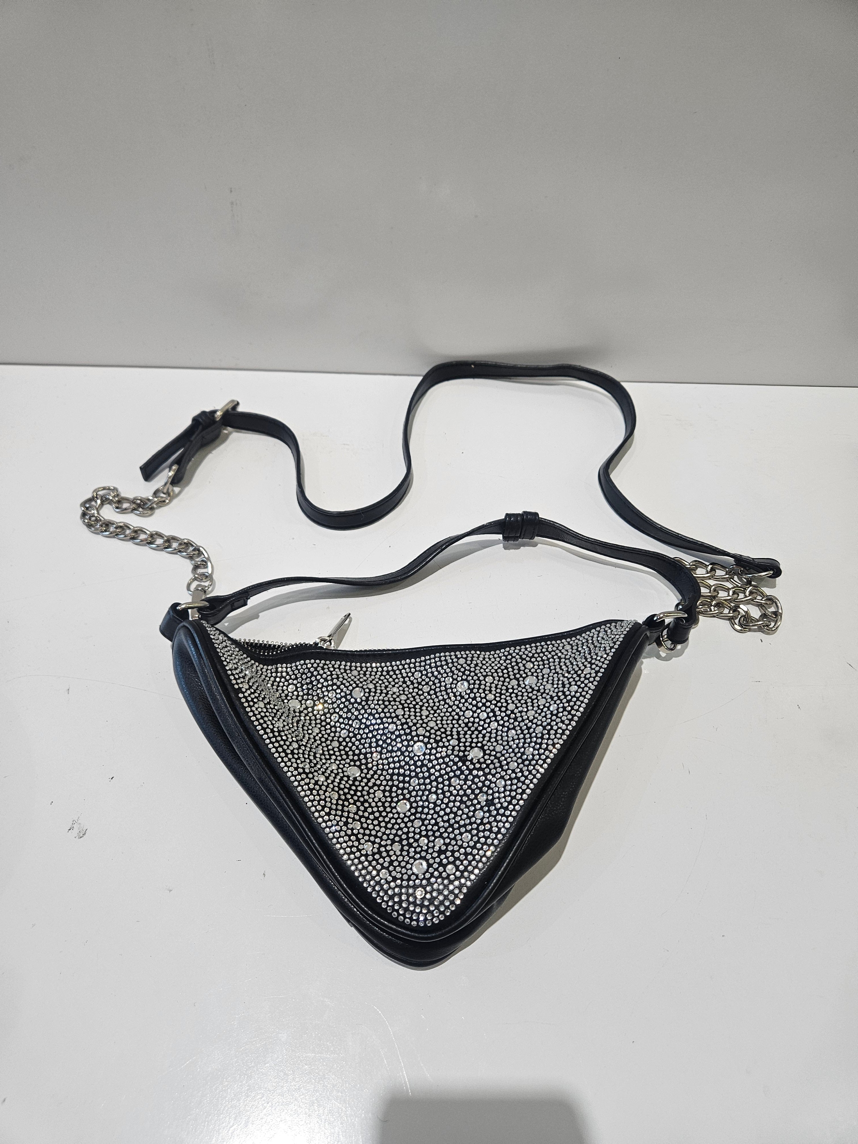Y2K Rhinestone Triangle Shoulder Bag Black Silver Chain Mini Glam Purse Retro