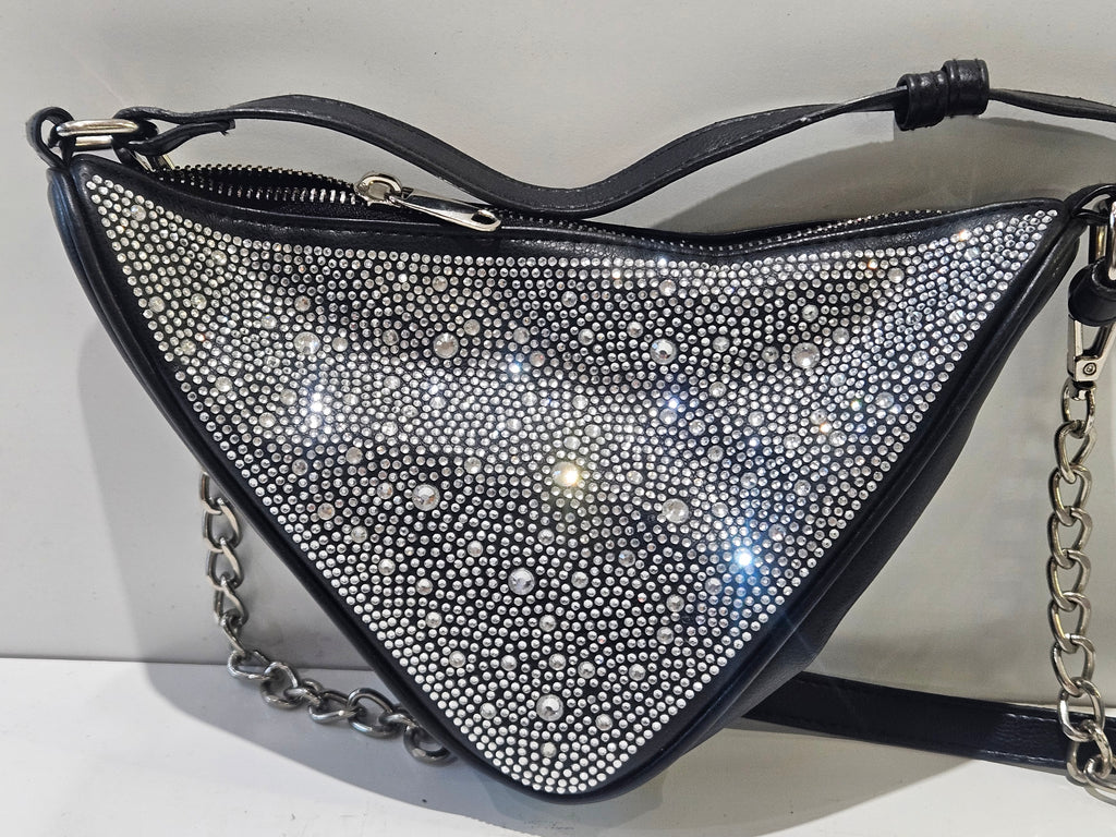 Y2K Rhinestone Triangle Shoulder Bag Black Silver Chain Mini Glam Purse Retro