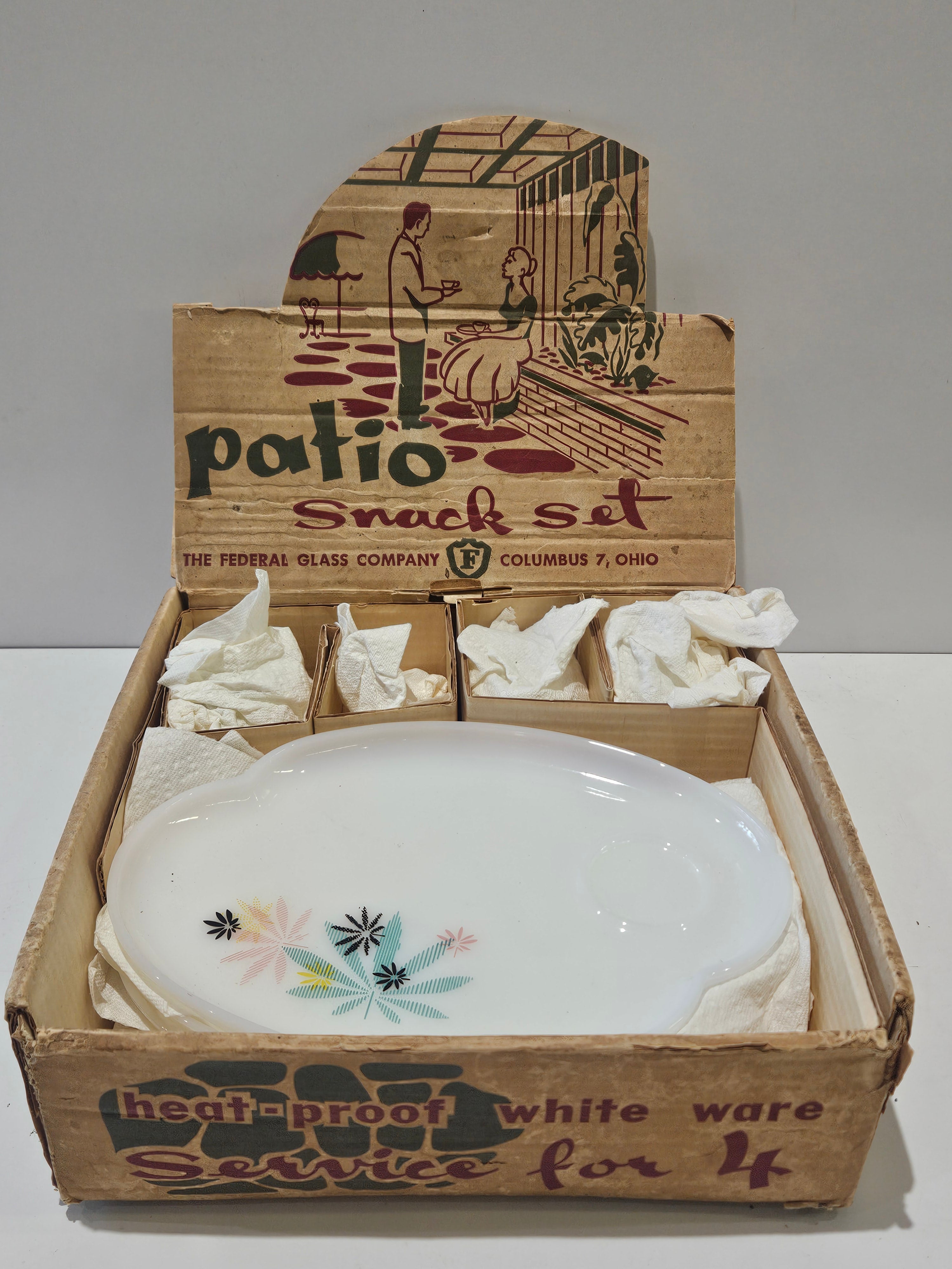 Vintage Federal Glass Patio Snack Set Heat Proof White Ware Service For 4