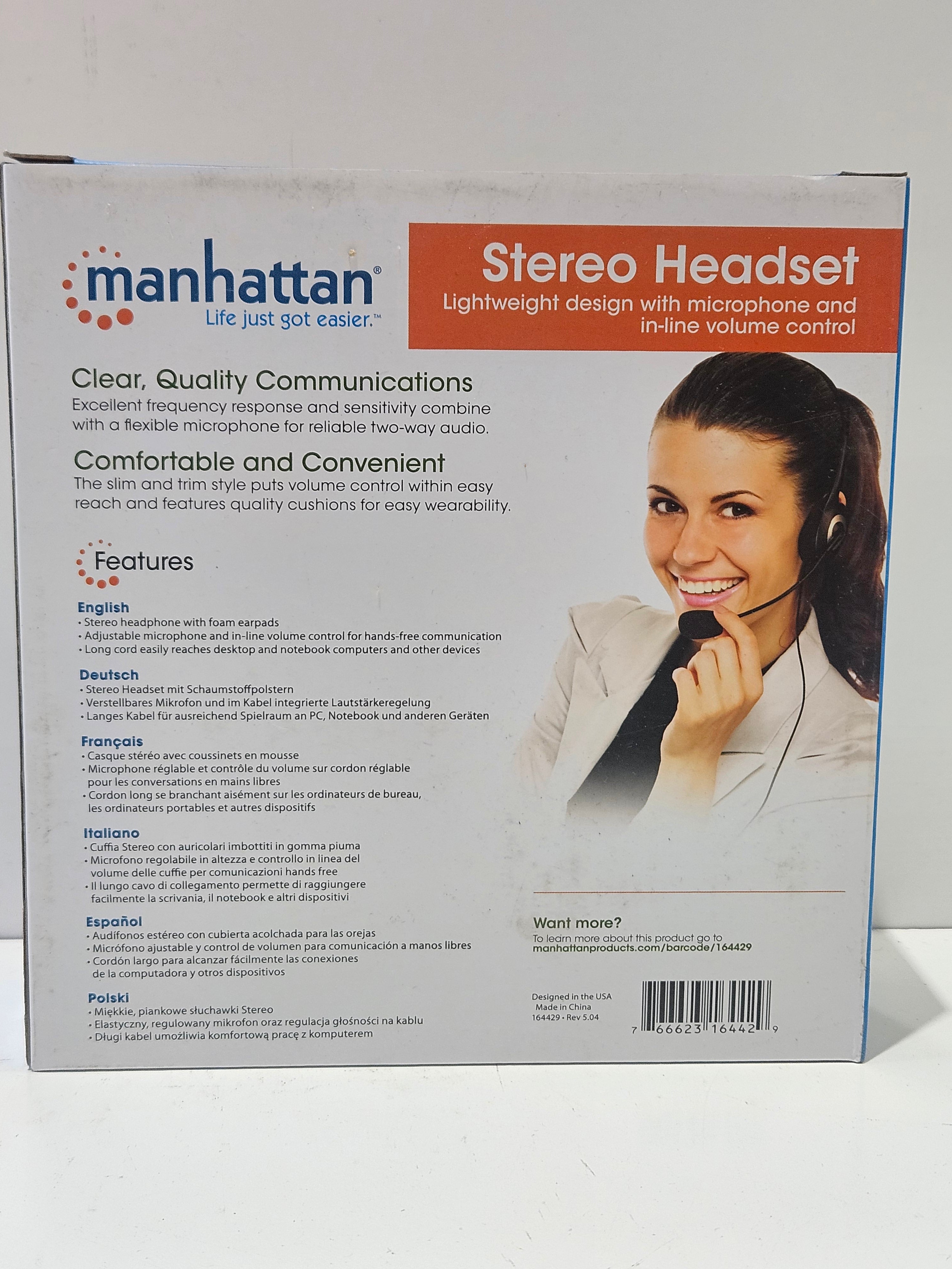 Manhattan Stereo Headset Adjustable Microphone Inline Volume Control PC Audio