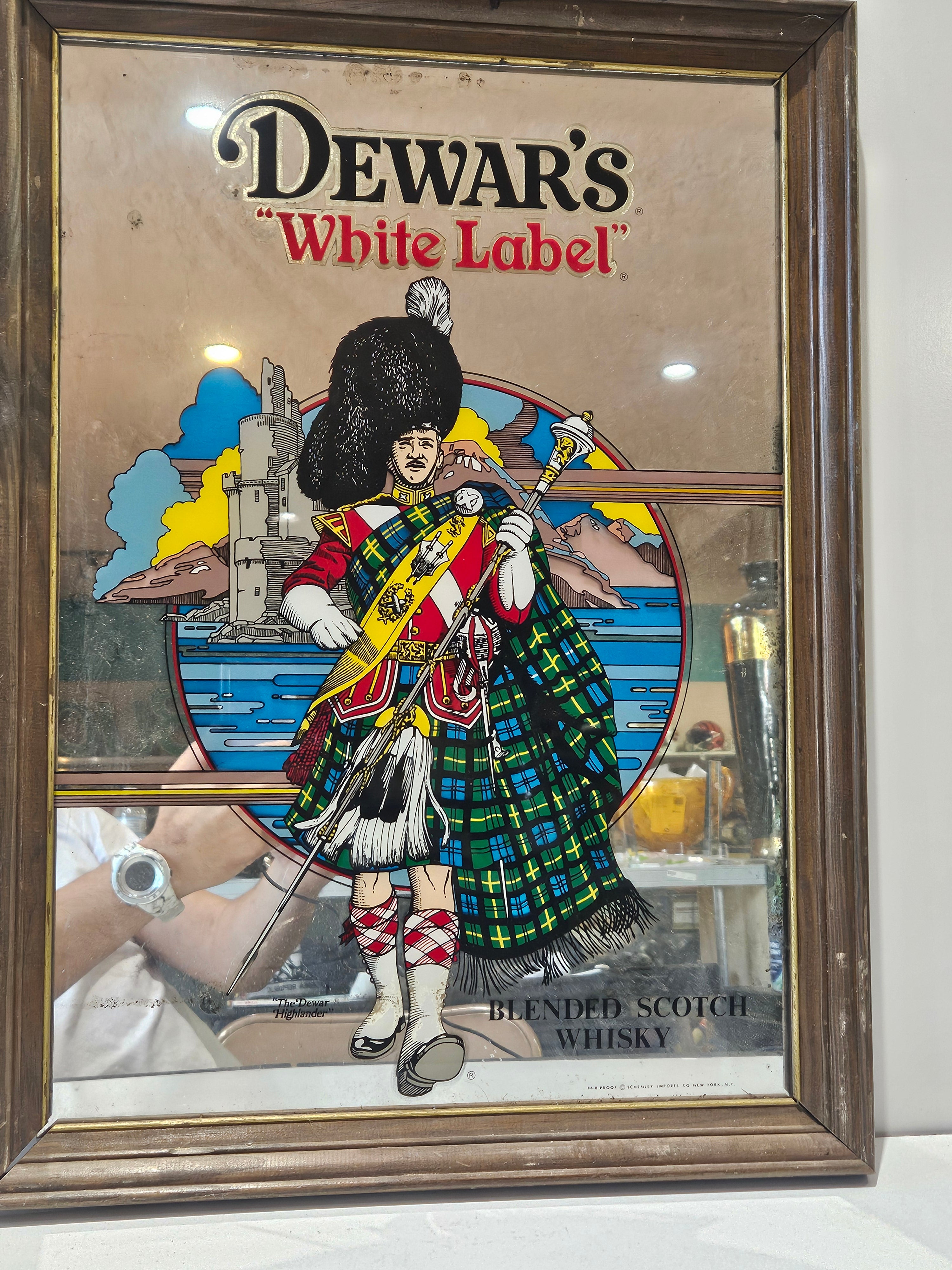 Vintage Dewar's White Label Scotch Whisky Framed Bar Mirror Highlander Sign