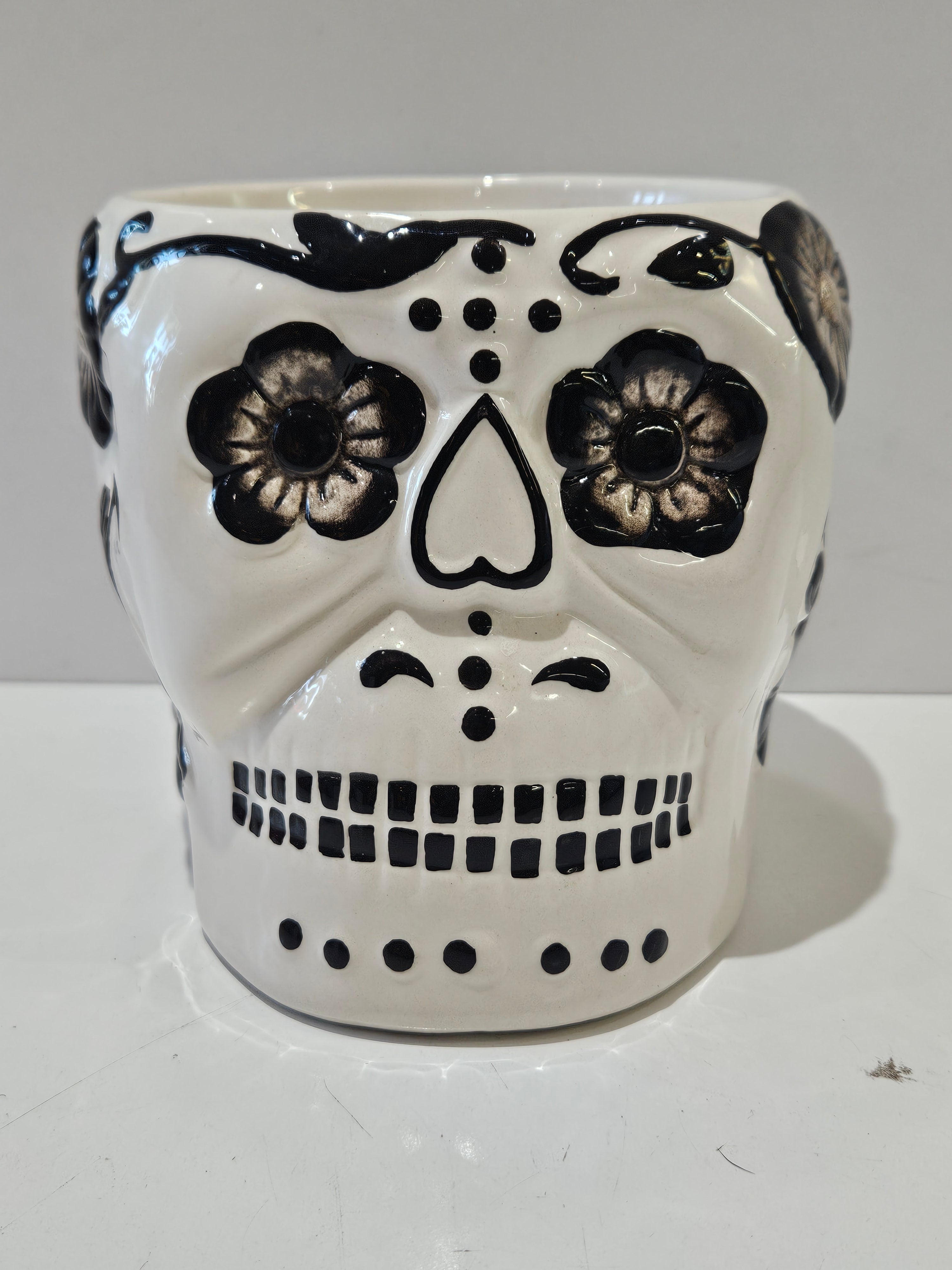 Day Of The Dead Sugar Skull Ceramic Planter Pot Black White Floral Decor Vase