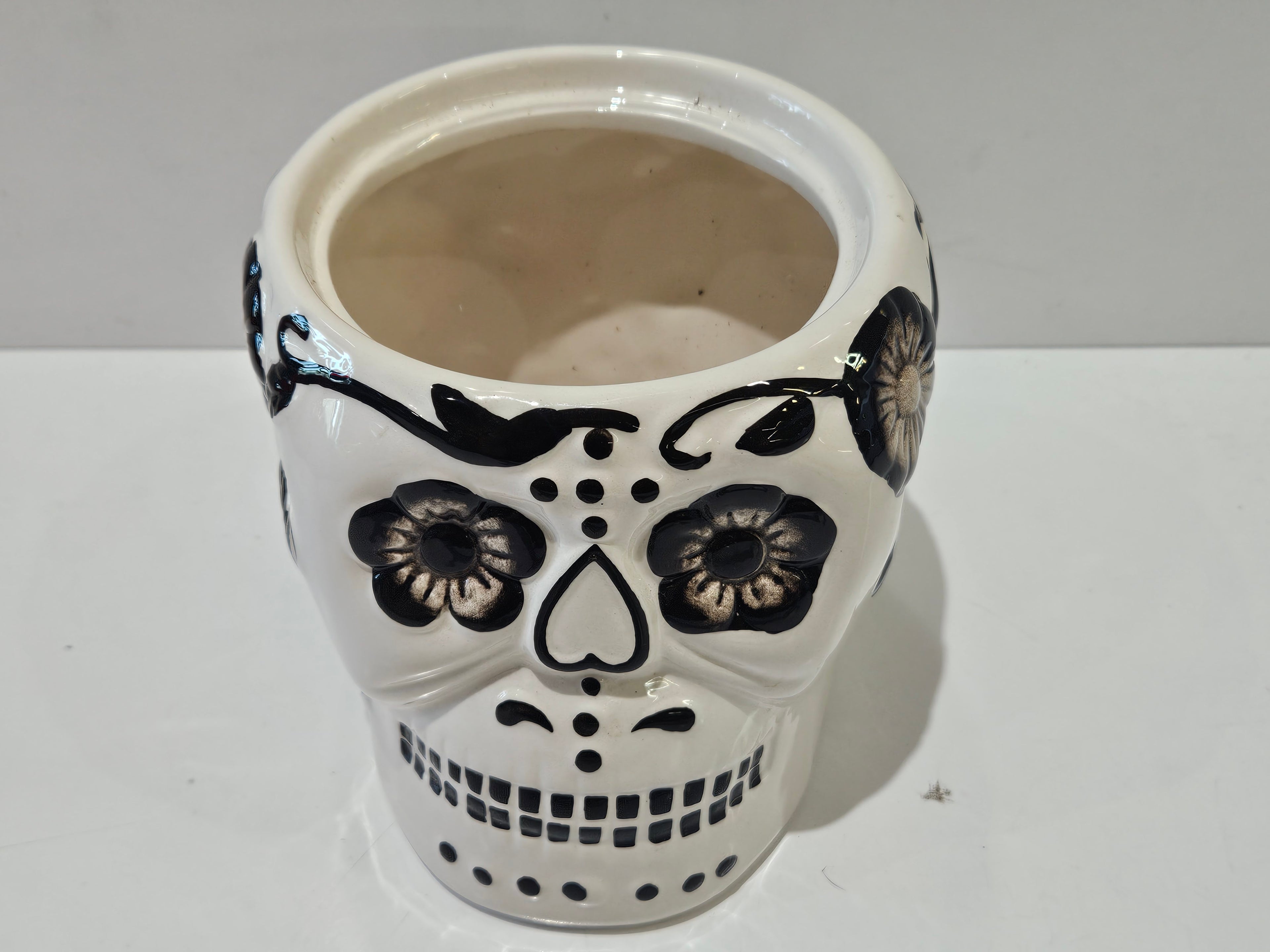 Day Of The Dead Sugar Skull Ceramic Planter Pot Black White Floral Decor Vase