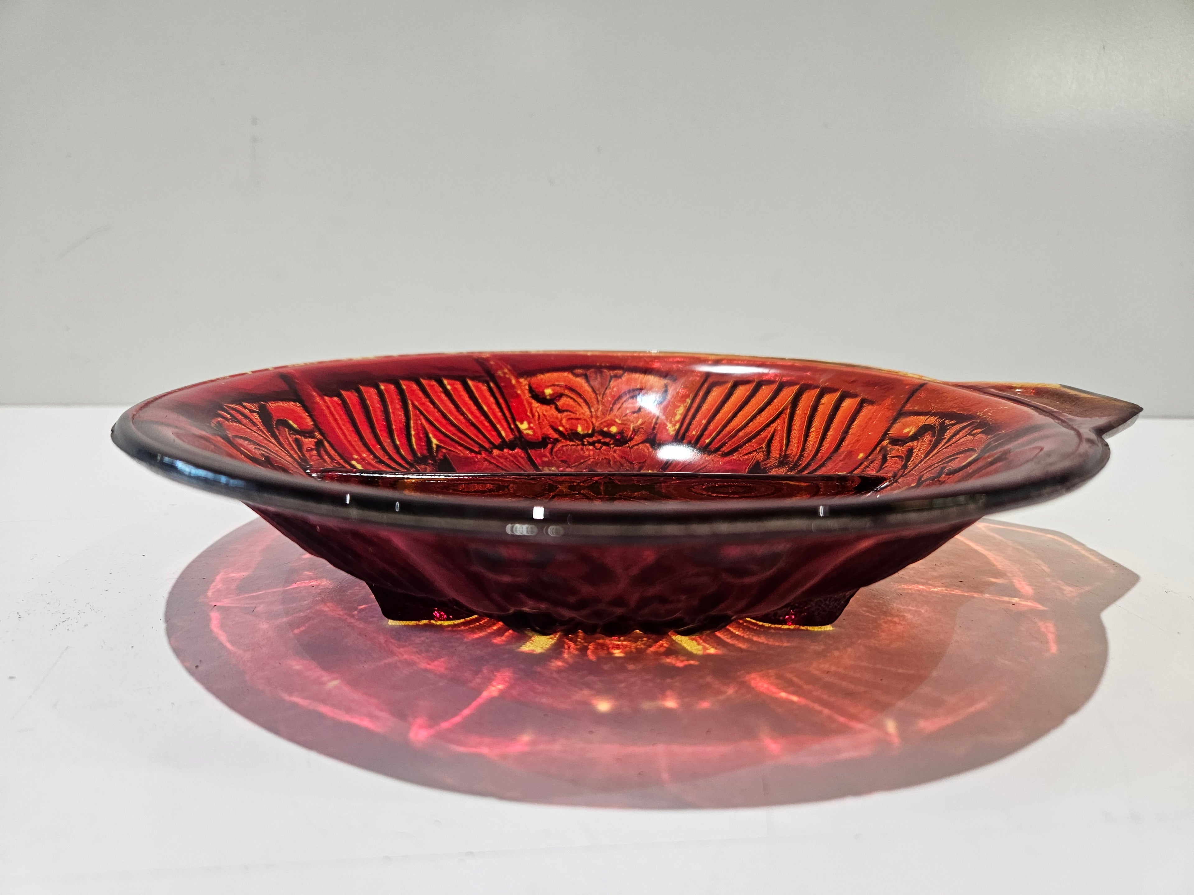 Vintage Ruby Red Pressed Glass Tobacco Cigar Ashtray Decorative Console Dish