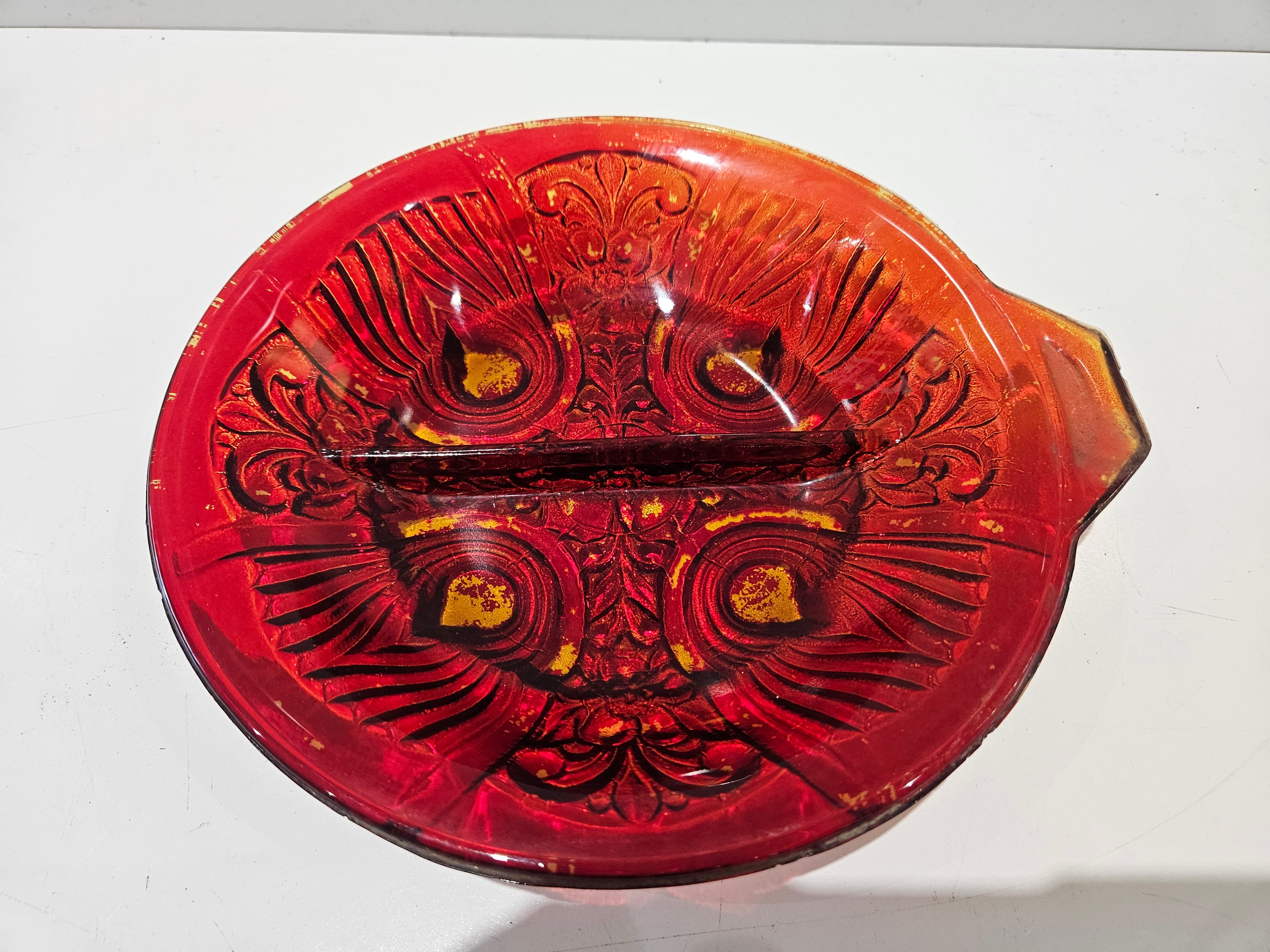 Vintage Ruby Red Pressed Glass Tobacco Cigar Ashtray Decorative Console Dish