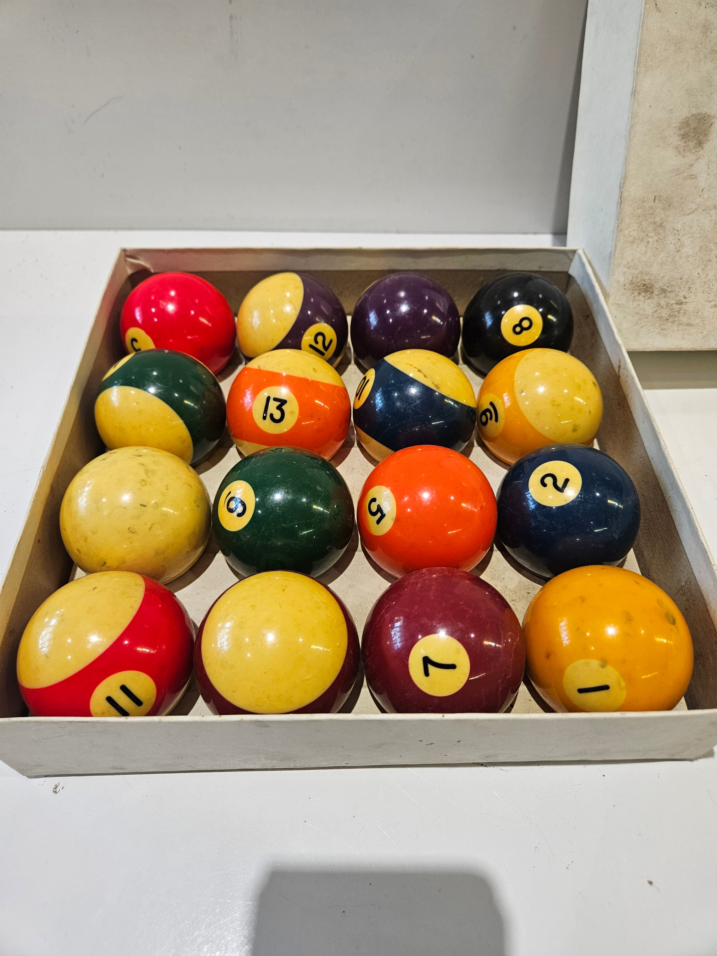 Vintage Belgian Billiard Pool Ball Set In Wooden Tray Complete Numbered Balls