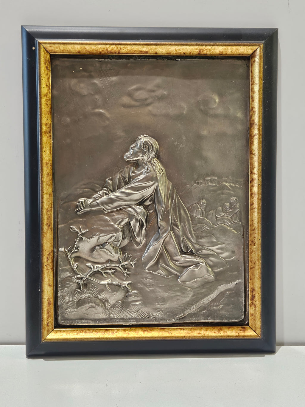 Framed Religious Metal Relief Jesus Praying In Gethsemane Christian Wall Art