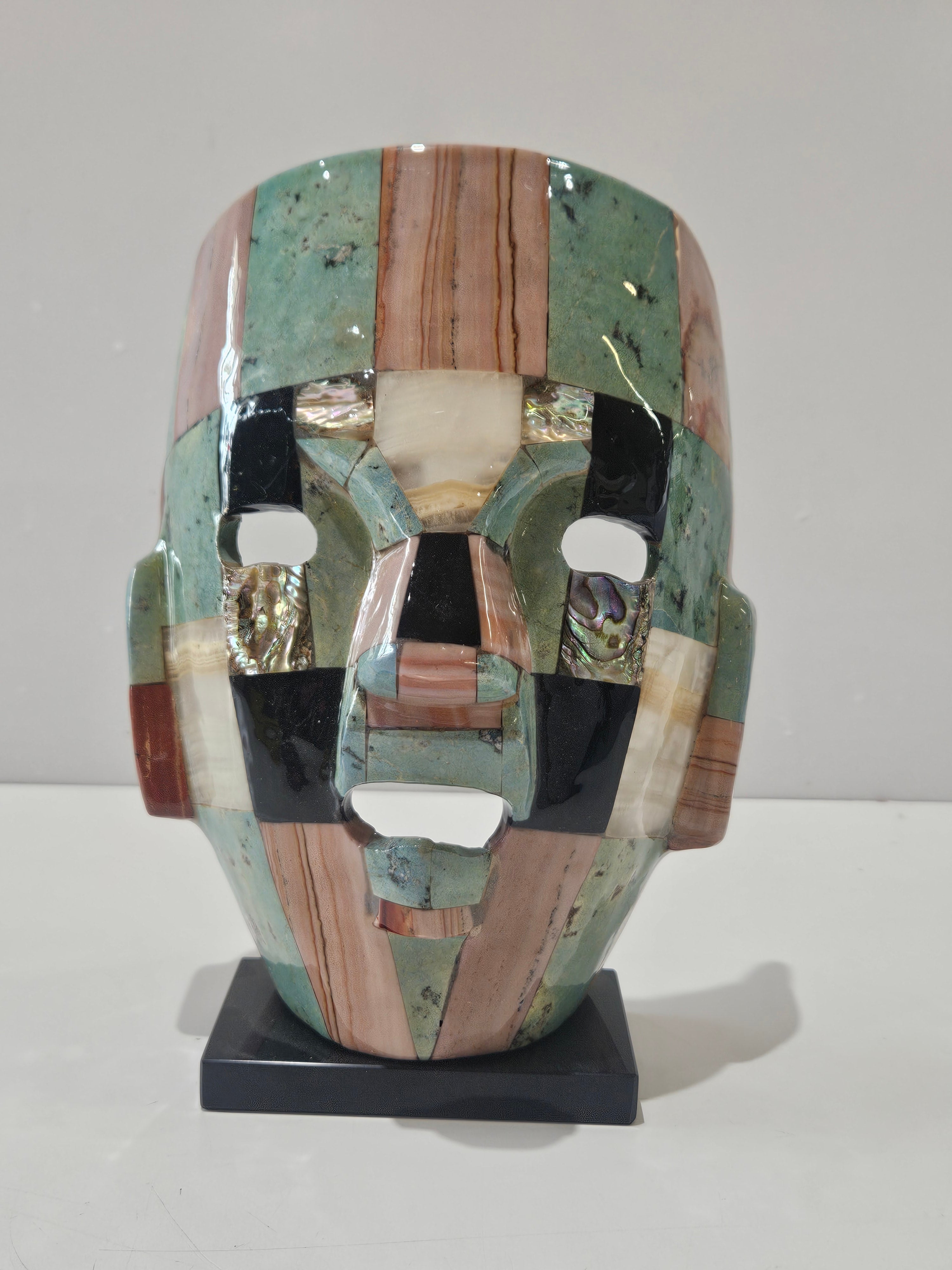 VTG Mayan Aztec Death Mask Inspired Inlaid Abalone Black Onyx Natural Stones