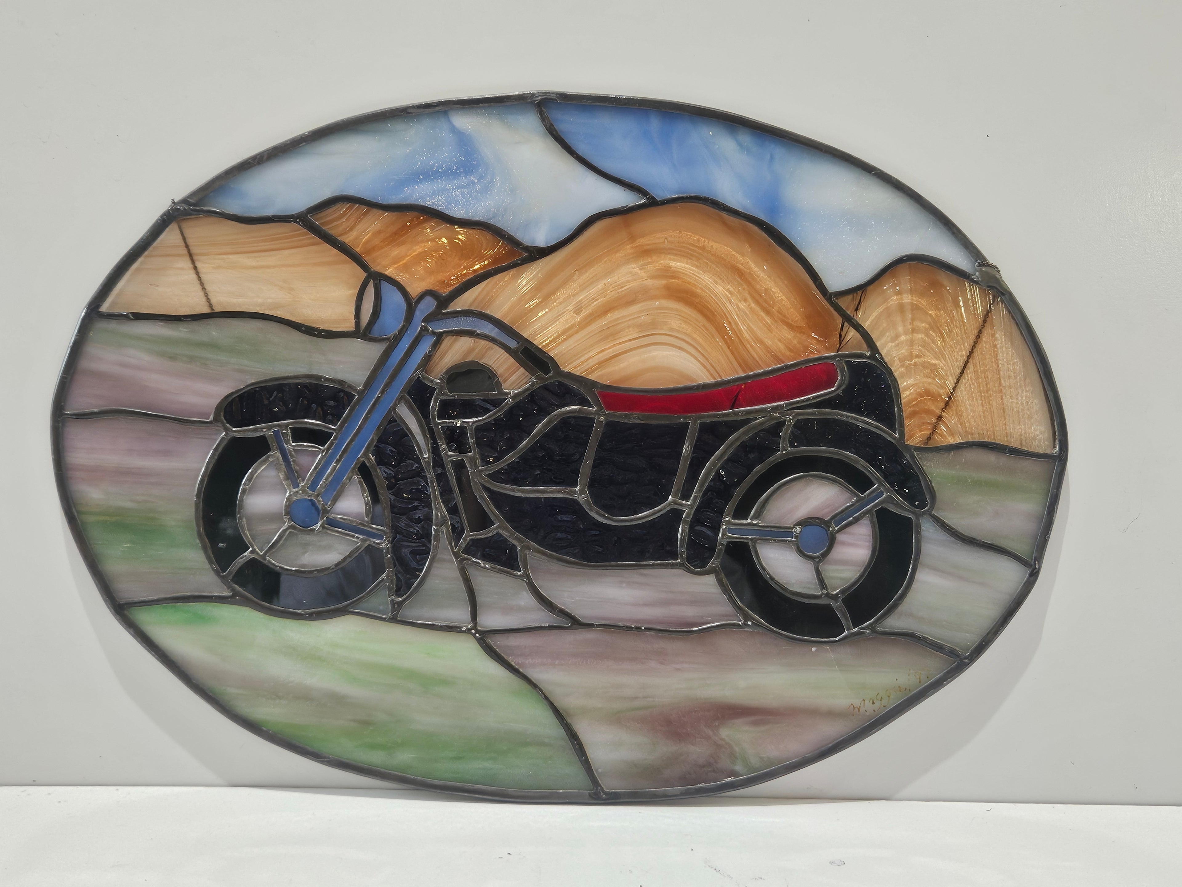 Vintage Stained Glass Motorcycle Suncatcher Panel Handcrafted Biker Wall Art Decor