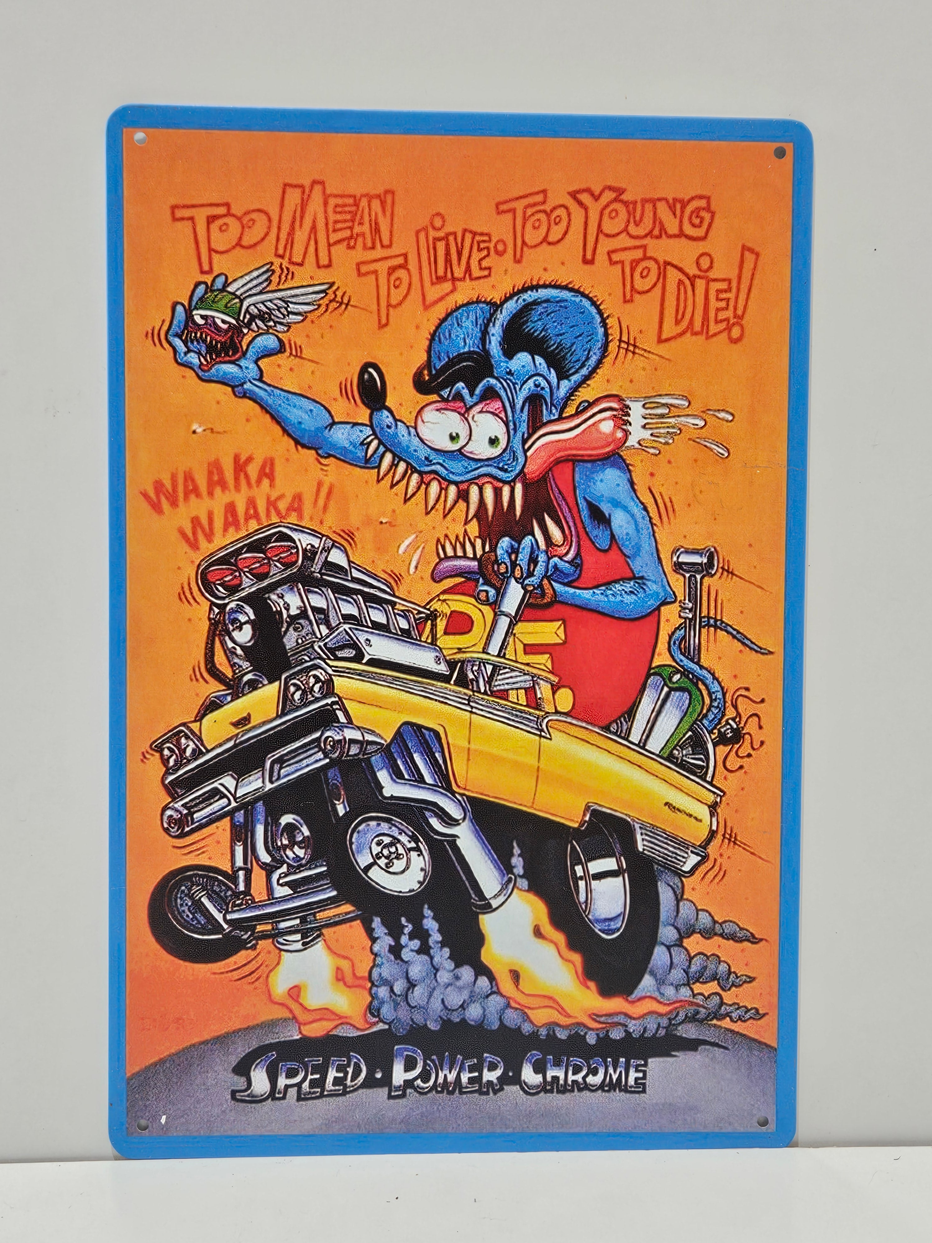 Vintage Rat Fink Speed Power Chrome Hot Rod Metal Sign Garage Man Cave Decor
