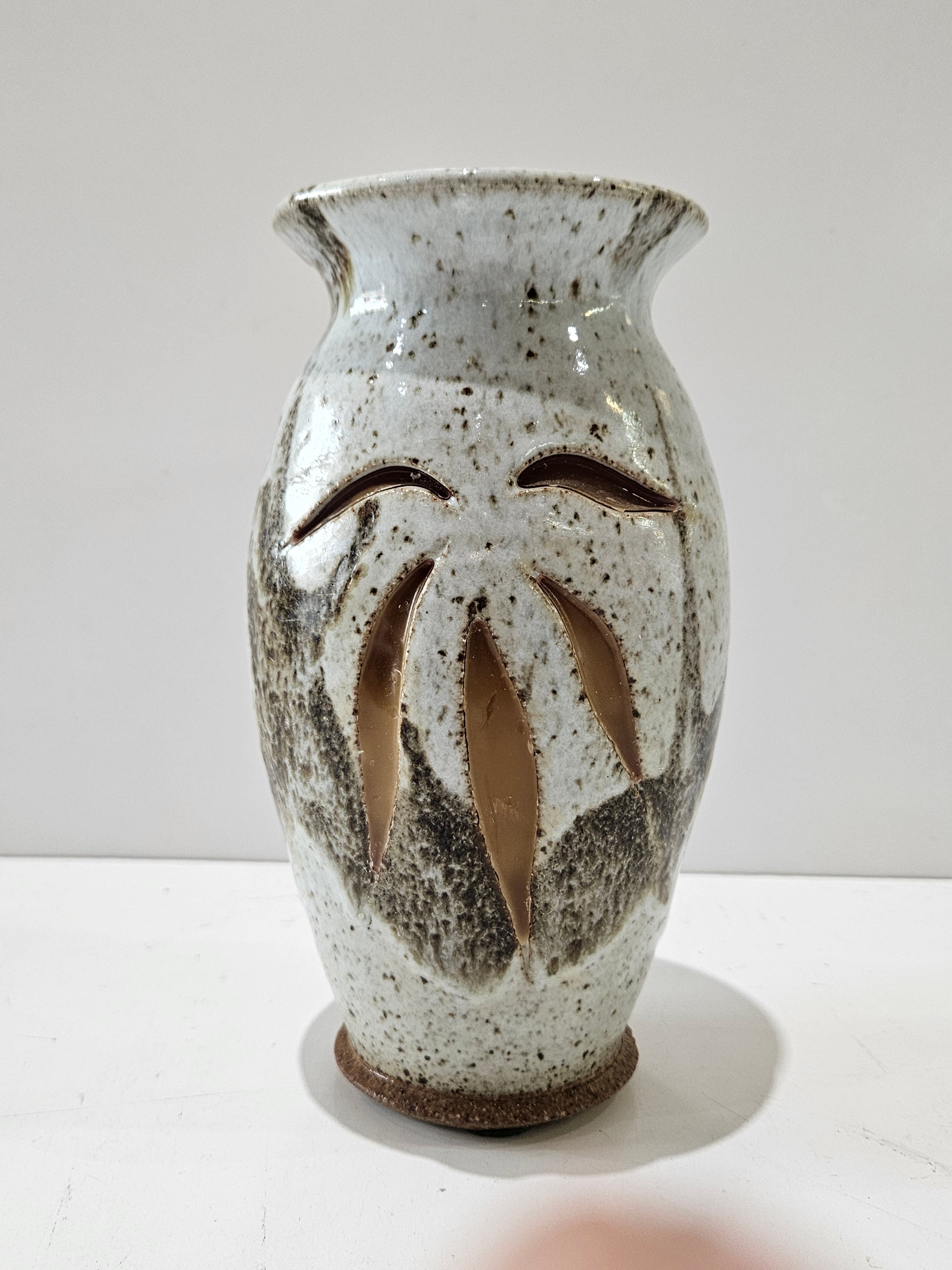 Vintage Studio Pottery Bamboo Leaf Art Ceramic Vase Speckled Glaze Decor Piece