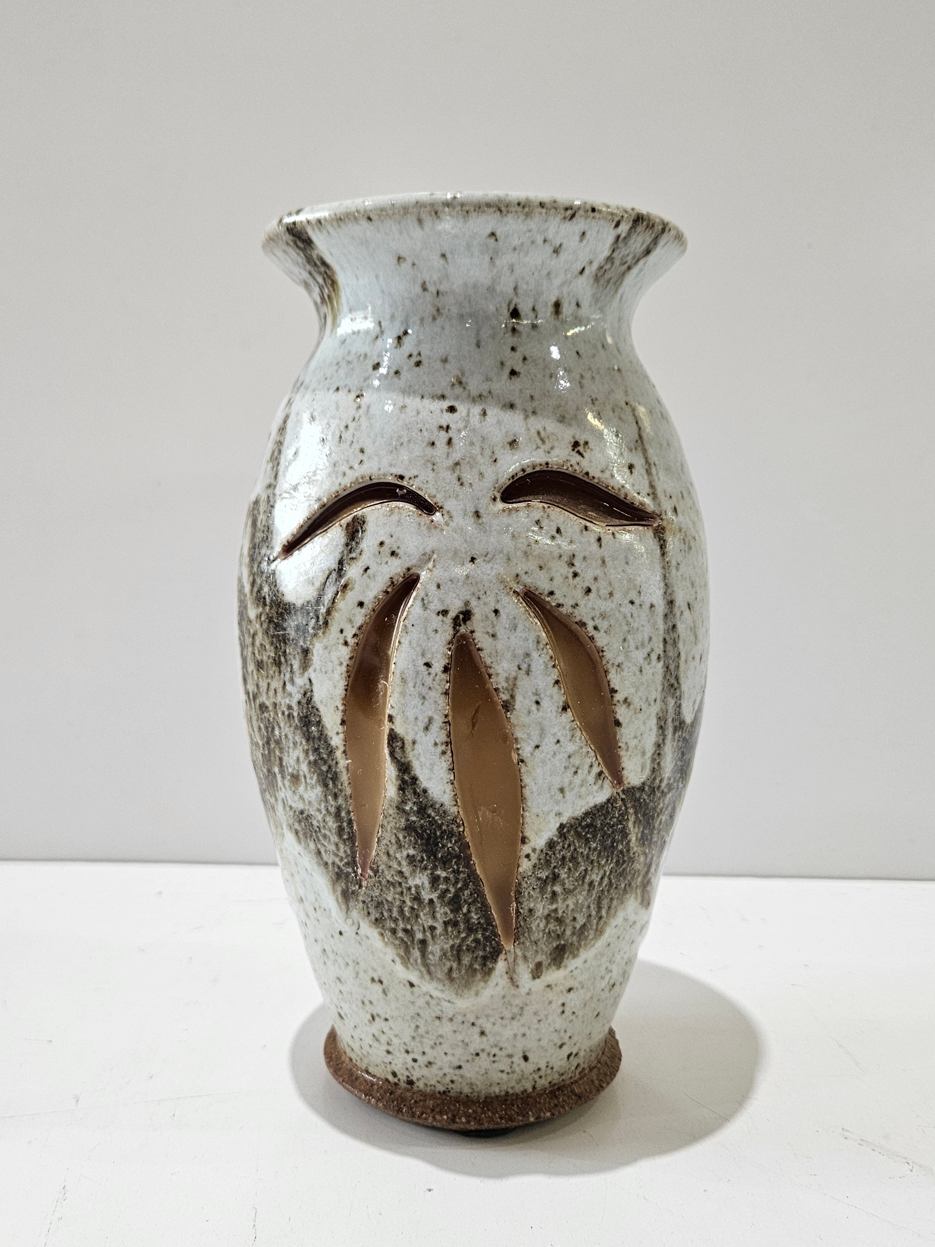 Vintage Studio Pottery Bamboo Leaf Art Ceramic Vase Speckled Glaze Decor Piece