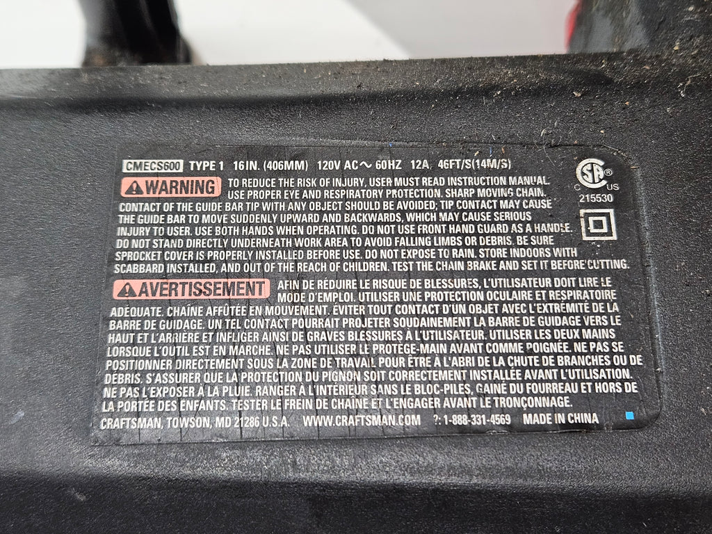 Craftsman CMECS600 16 Inch Electric Chainsaw Corded 120V Yard Garden Tool