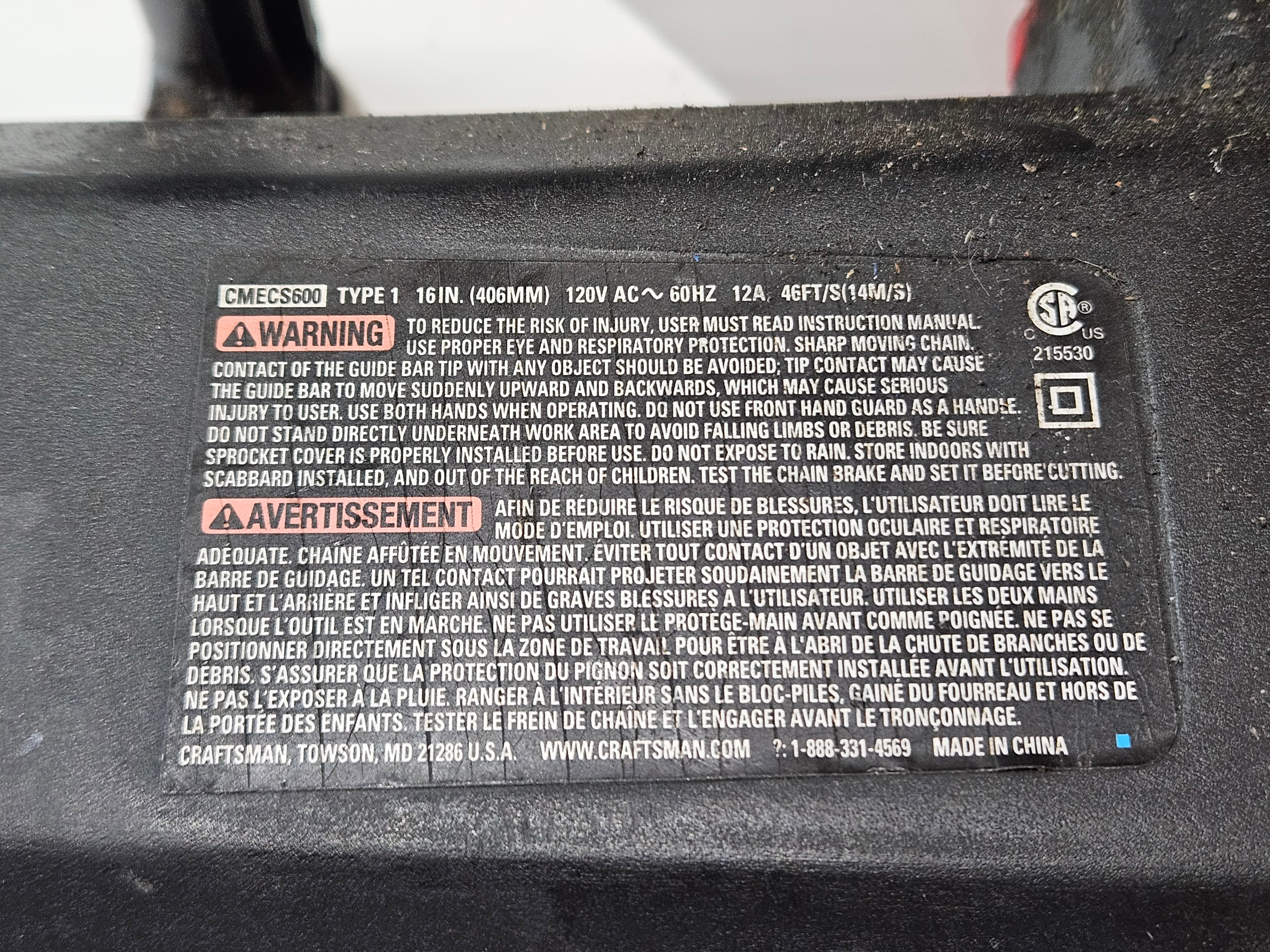 Craftsman CMECS600 16 Inch Electric Chainsaw Corded 120V Yard Garden Tool