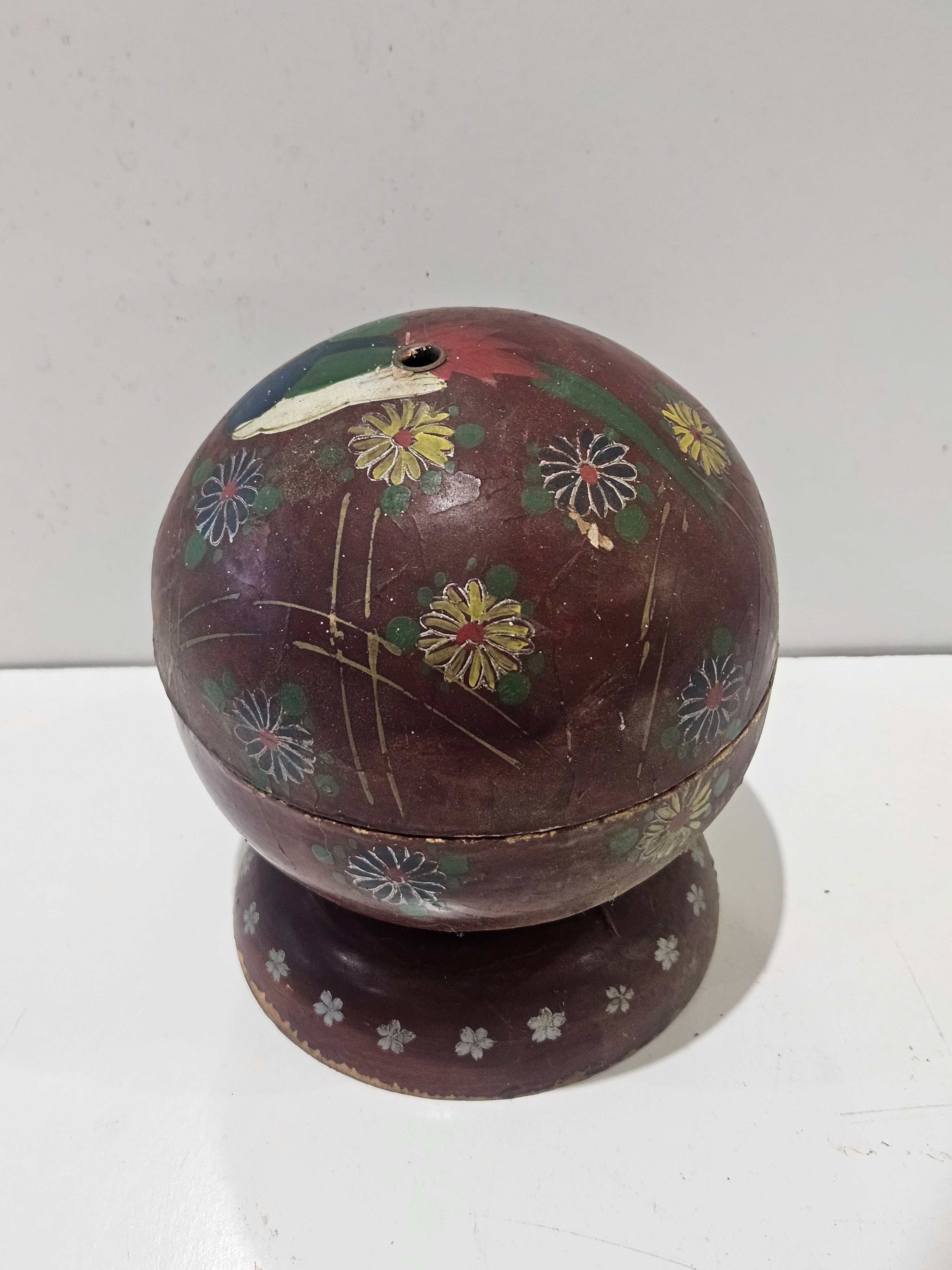 Vintage Hand Painted Floral Gourd Bowl Box Decorative Folk Art Lidded Container