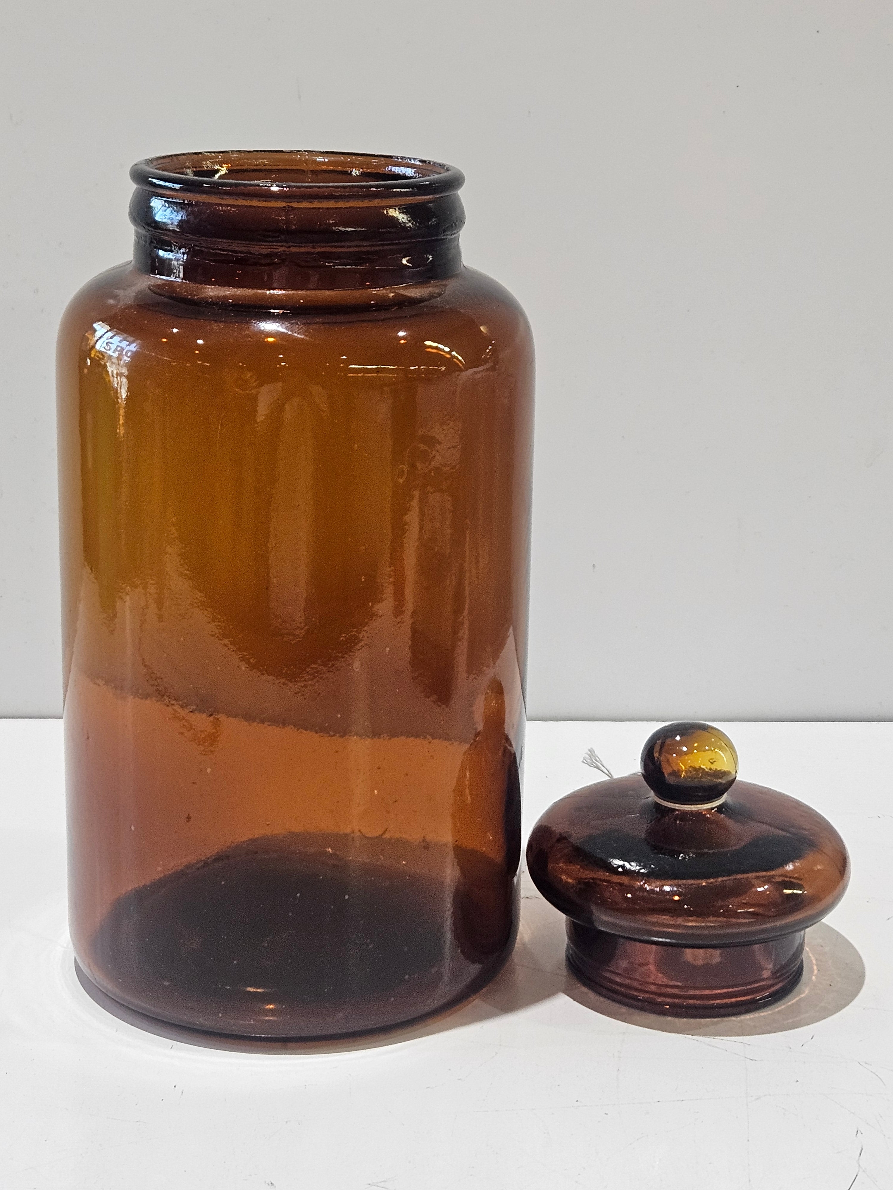 Vintage Large Amber Glass Apothecary Jar With Lid Pharmacy Storage Display Decor