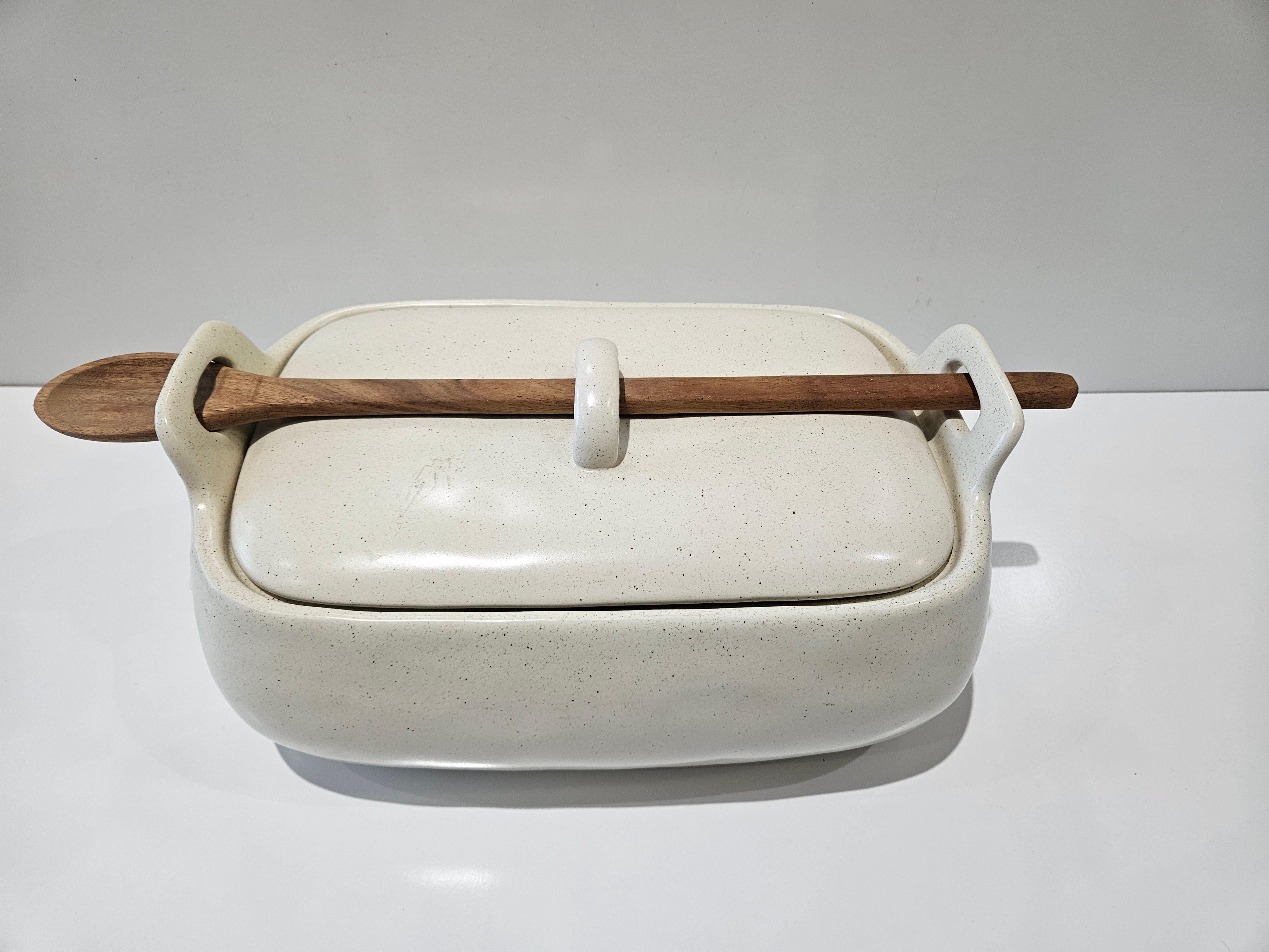 Stoneware Covered Casserole Baking Dish With Wooden Serving Spoon Ceramic Bakeware