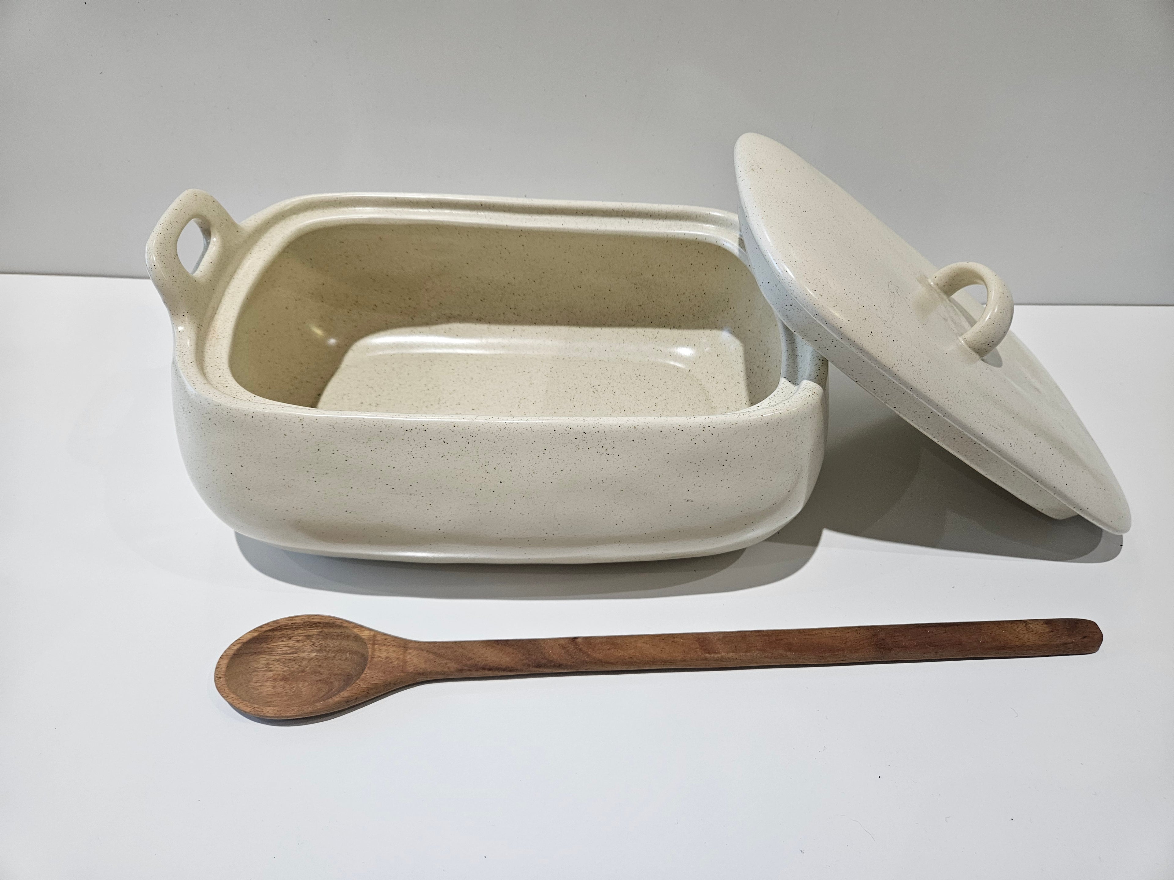 Stoneware Covered Casserole Baking Dish With Wooden Serving Spoon Ceramic Bakeware