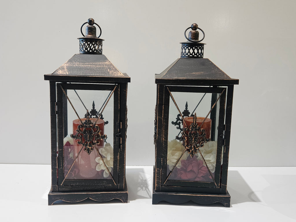 Set Of 2 Rustic Metal Glass Decorative Candle Lanterns Floral Centerpiece Decor