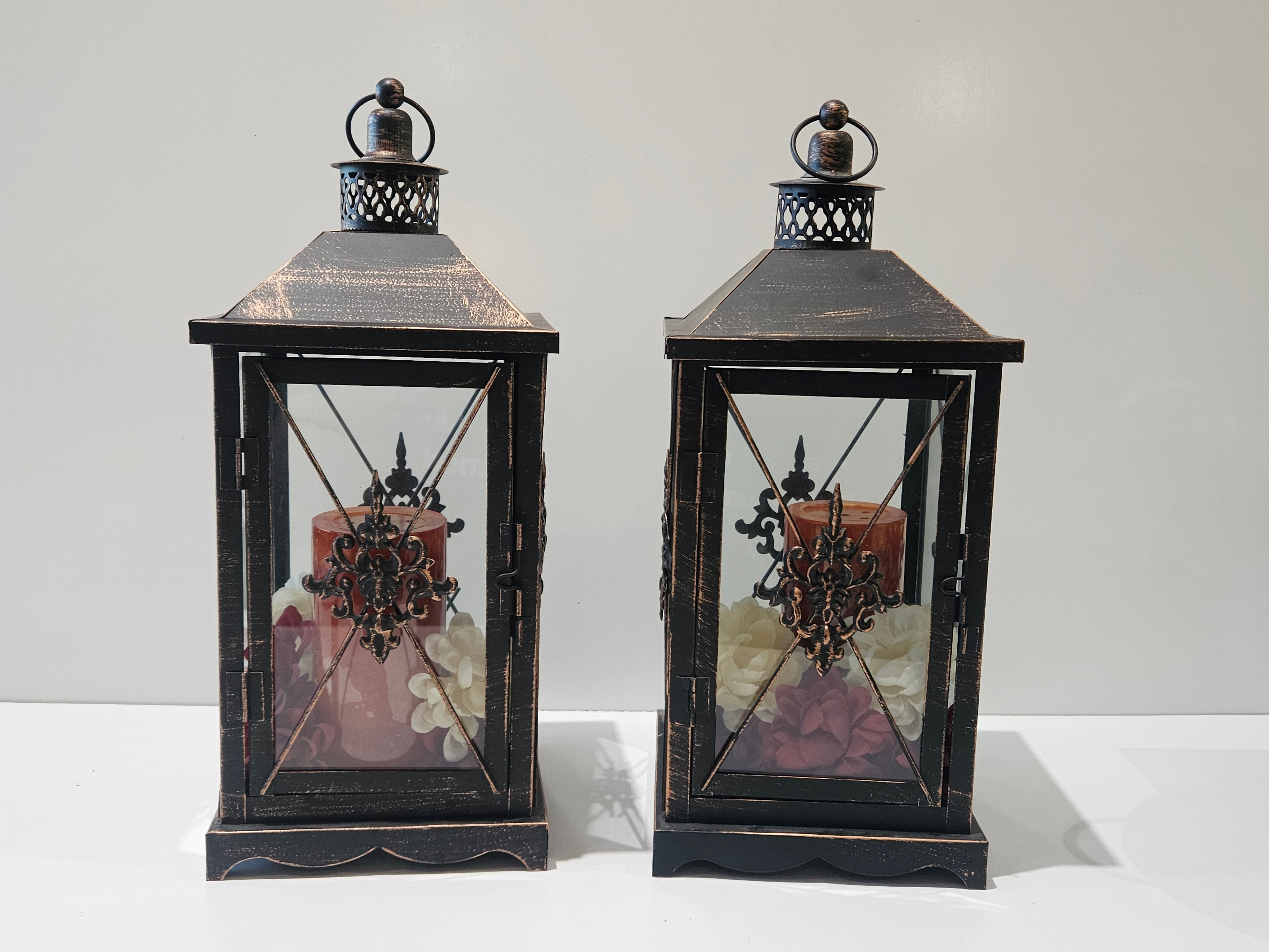 Set Of 2 Rustic Metal Glass Decorative Candle Lanterns Floral Centerpiece Decor