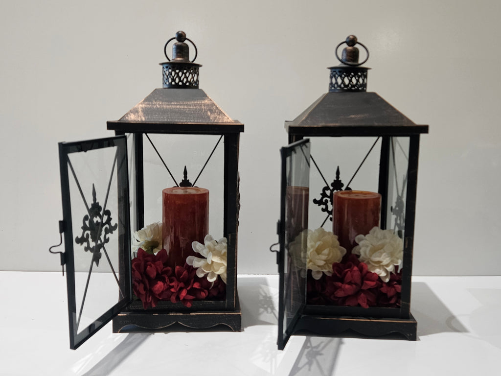 Set Of 2 Rustic Metal Glass Decorative Candle Lanterns Floral Centerpiece Decor