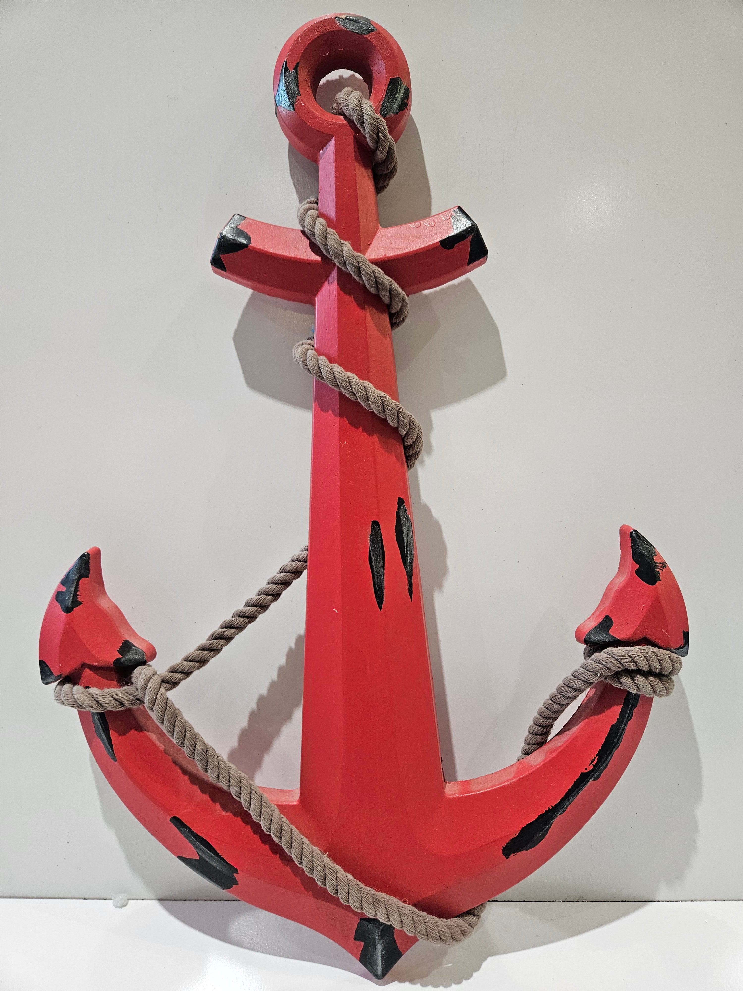 Red Distressed Nautical Anchor Wall Decor With Wrapped Rope Coastal Beach House