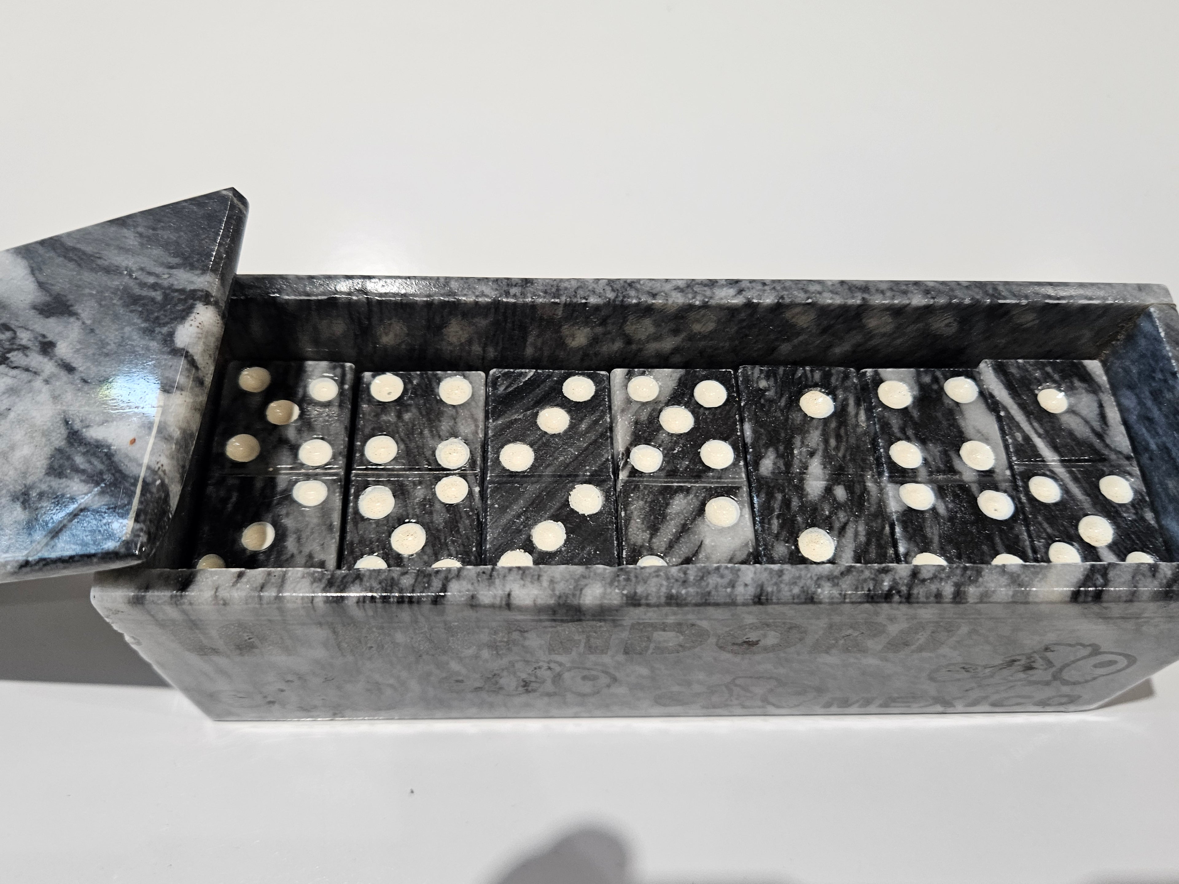 Marble Dominoes Game Set In Stone Storage Box Bufadora Mexico Souvenir Complete