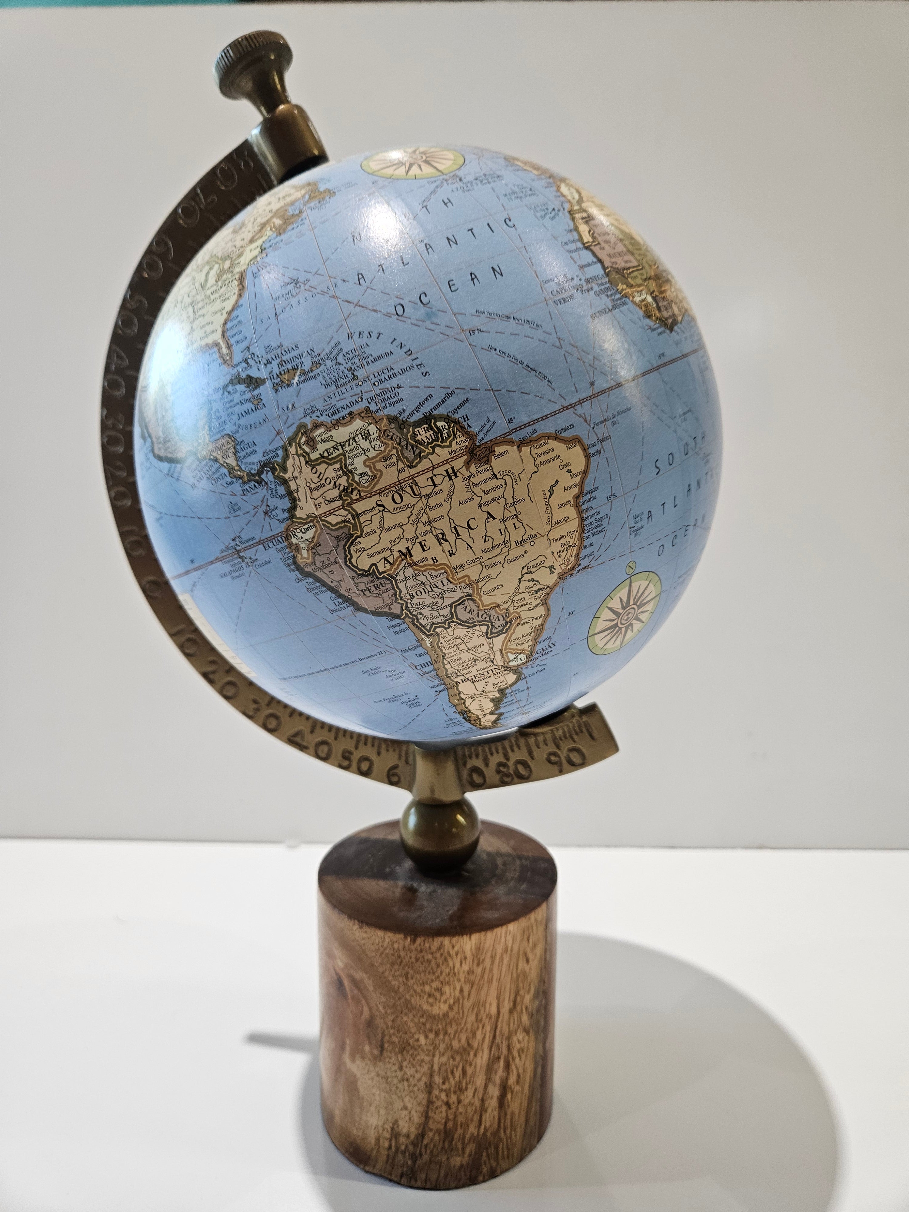 Vintage Style Desktop World Globe With Wood Base Brass Tone Meridian Office Decor