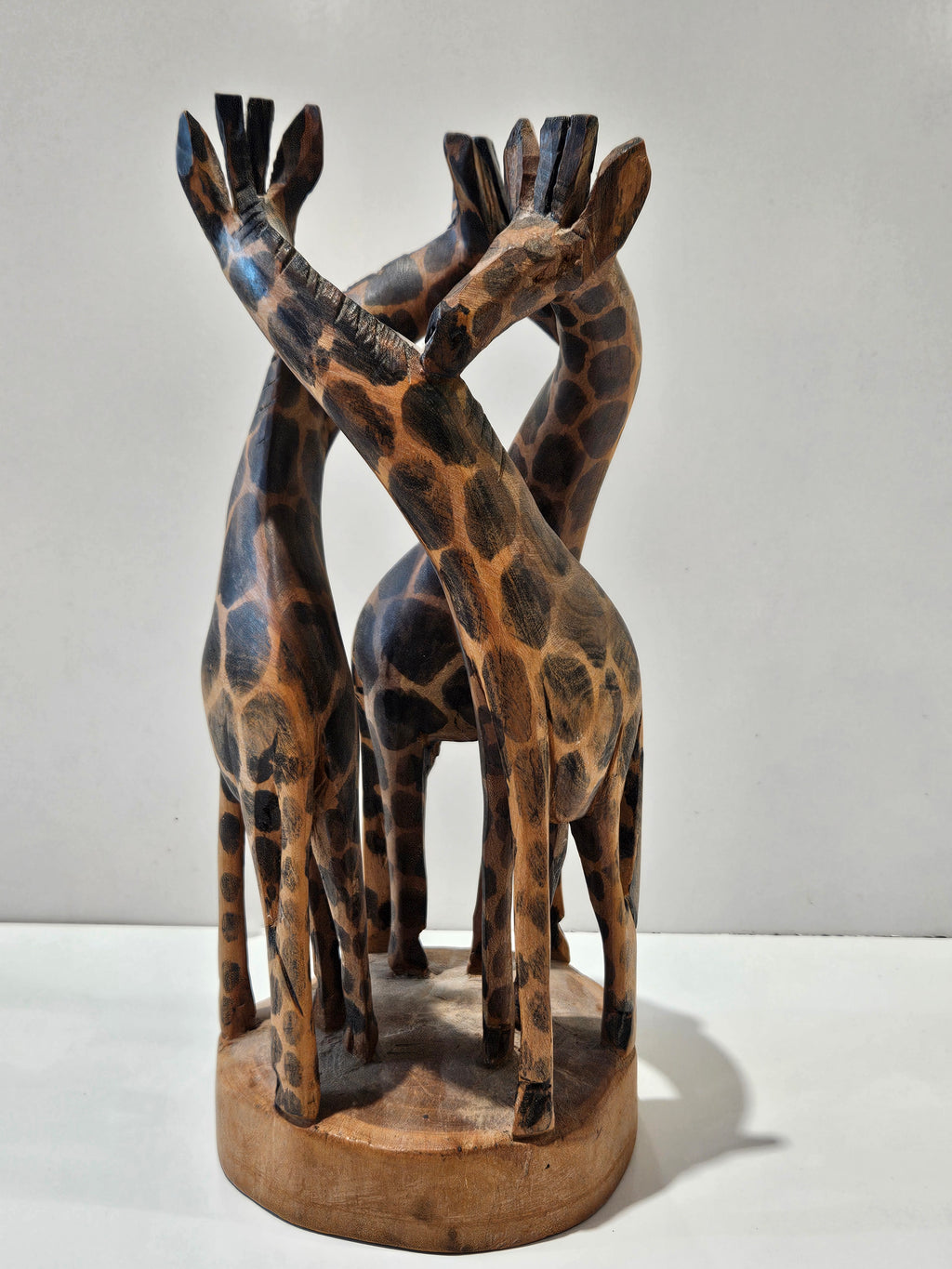 Hand Carved Wooden Three Giraffe Sculpture African Safari Wildlife Decor Statue