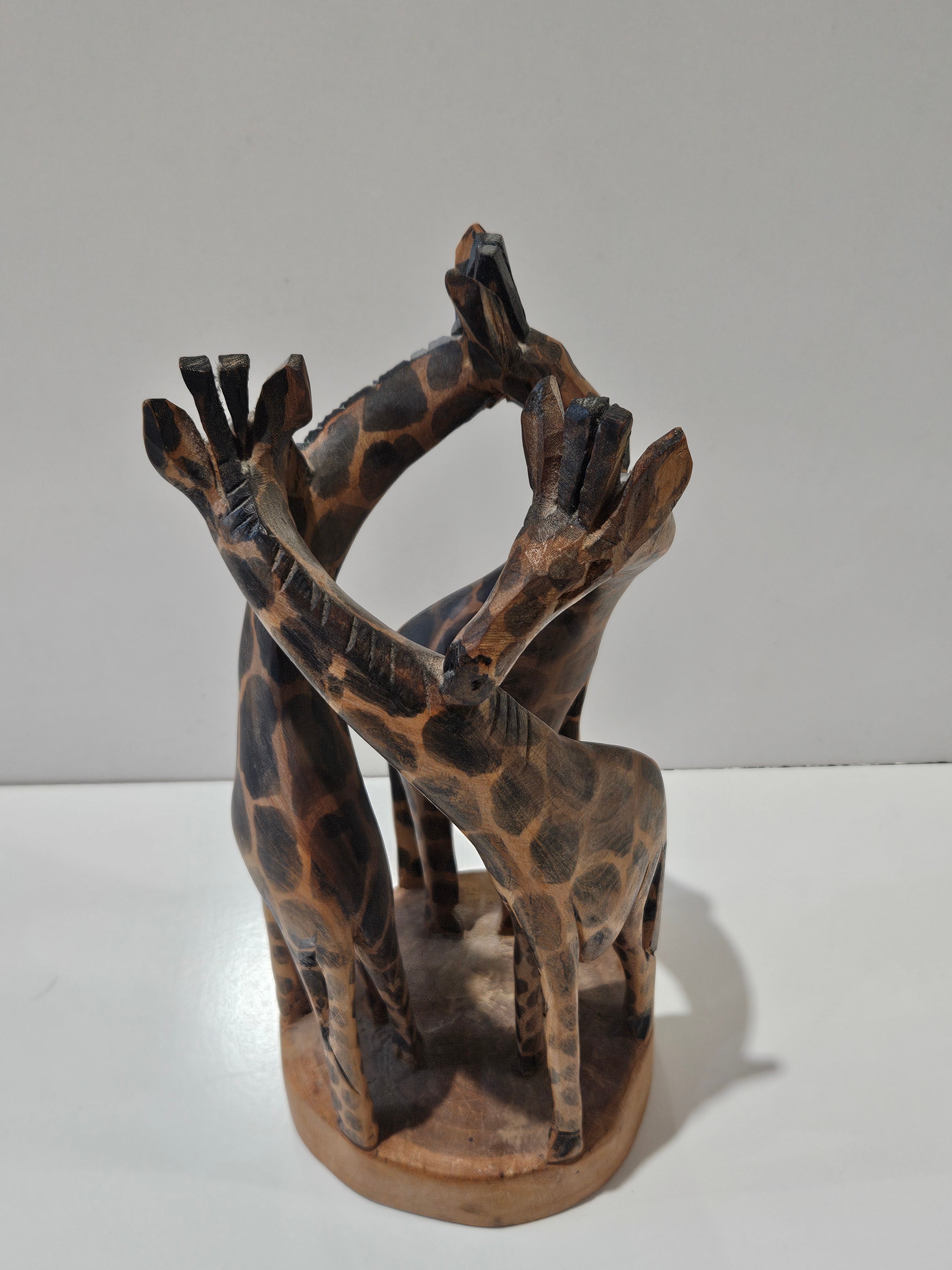 Hand Carved Wooden Three Giraffe Sculpture African Safari Wildlife Decor Statue