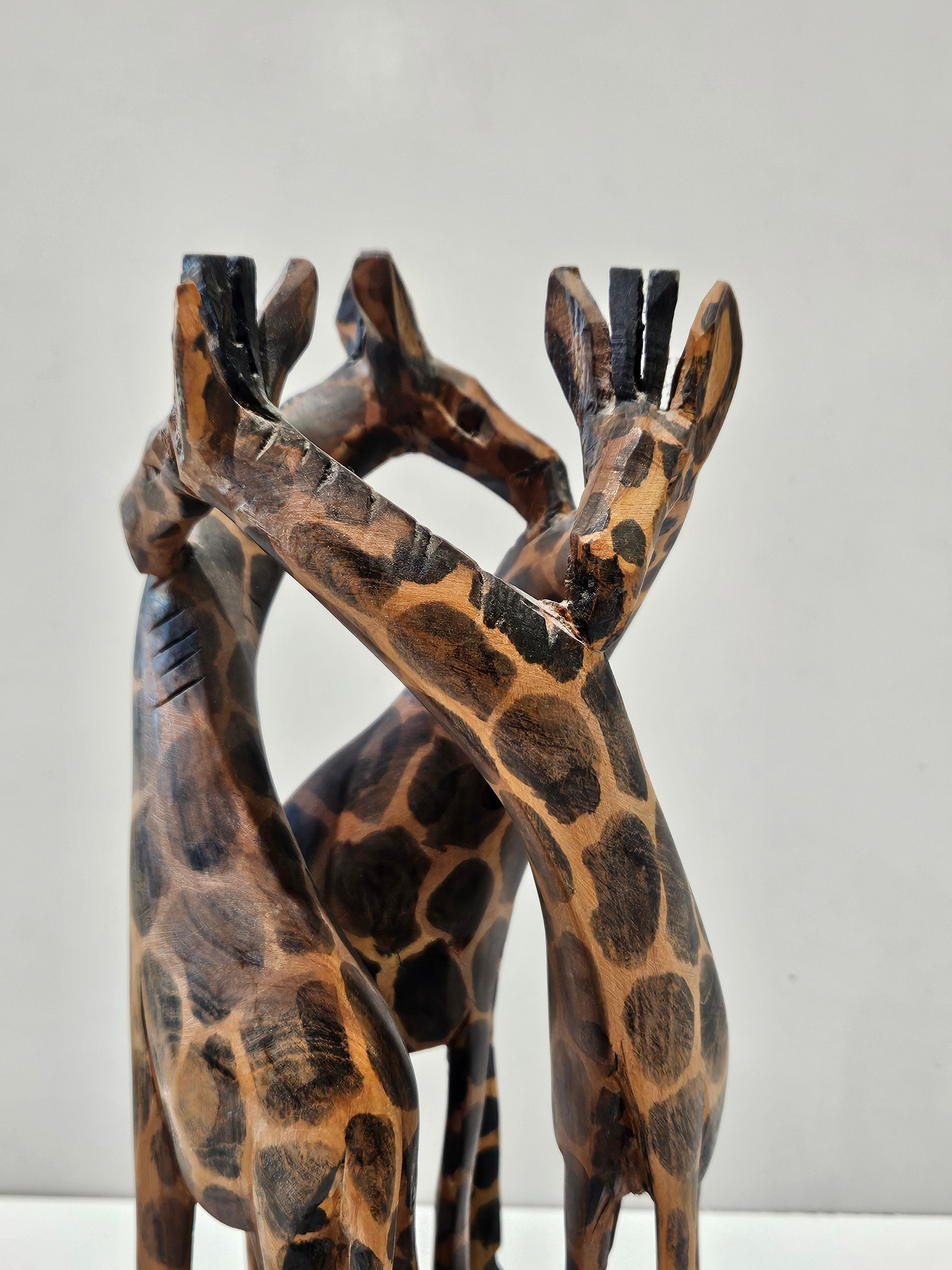 Hand Carved Wooden Three Giraffe Sculpture African Safari Wildlife Decor Statue