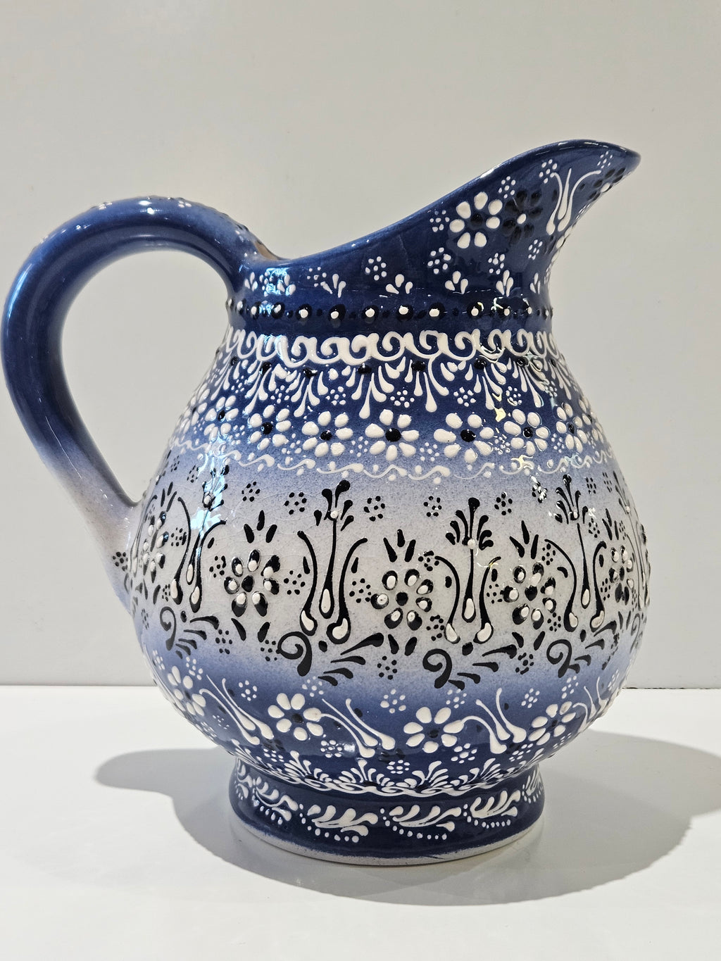 Hand Painted Blue White Floral Ceramic Pitcher Folk Art Pottery Water Jug Vase