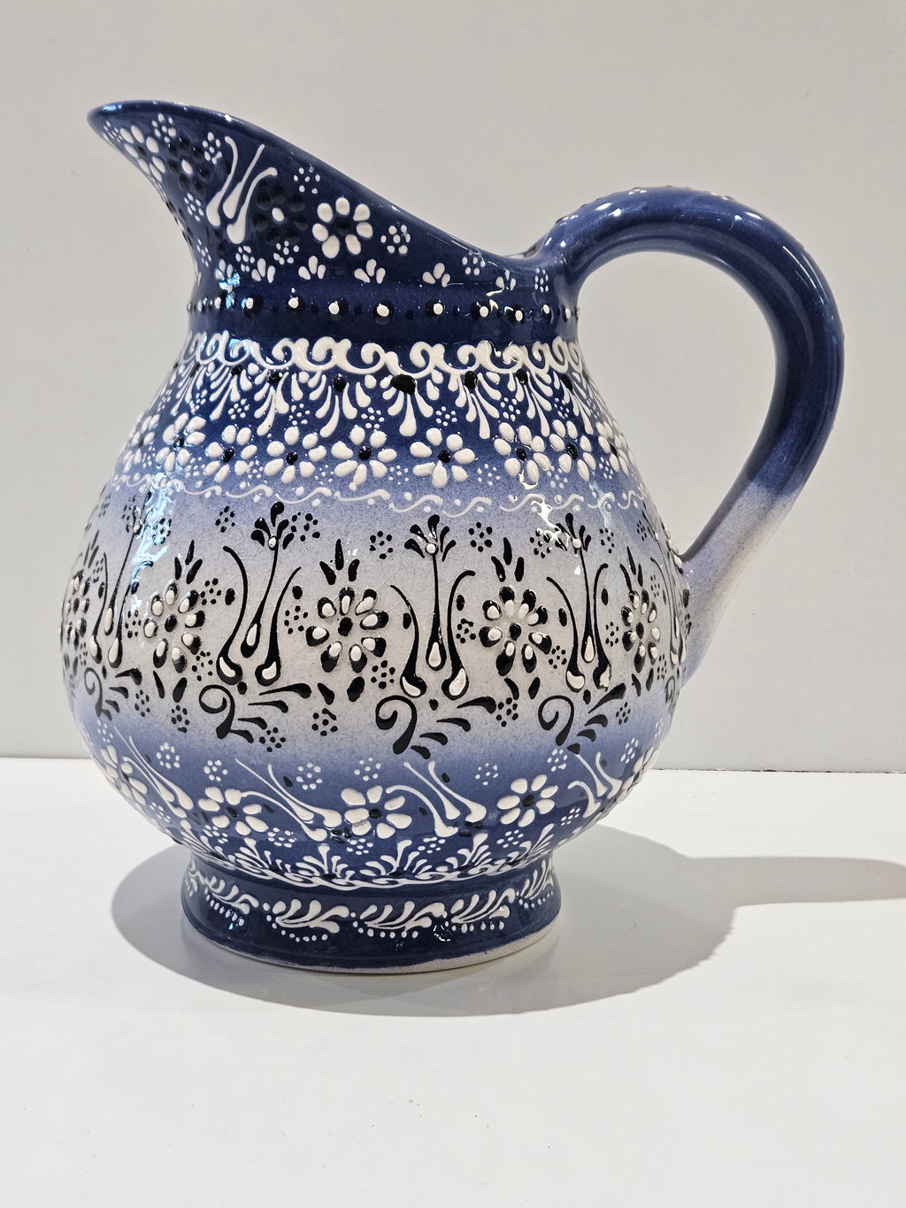 Hand Painted Blue White Floral Ceramic Pitcher Folk Art Pottery Water Jug Vase