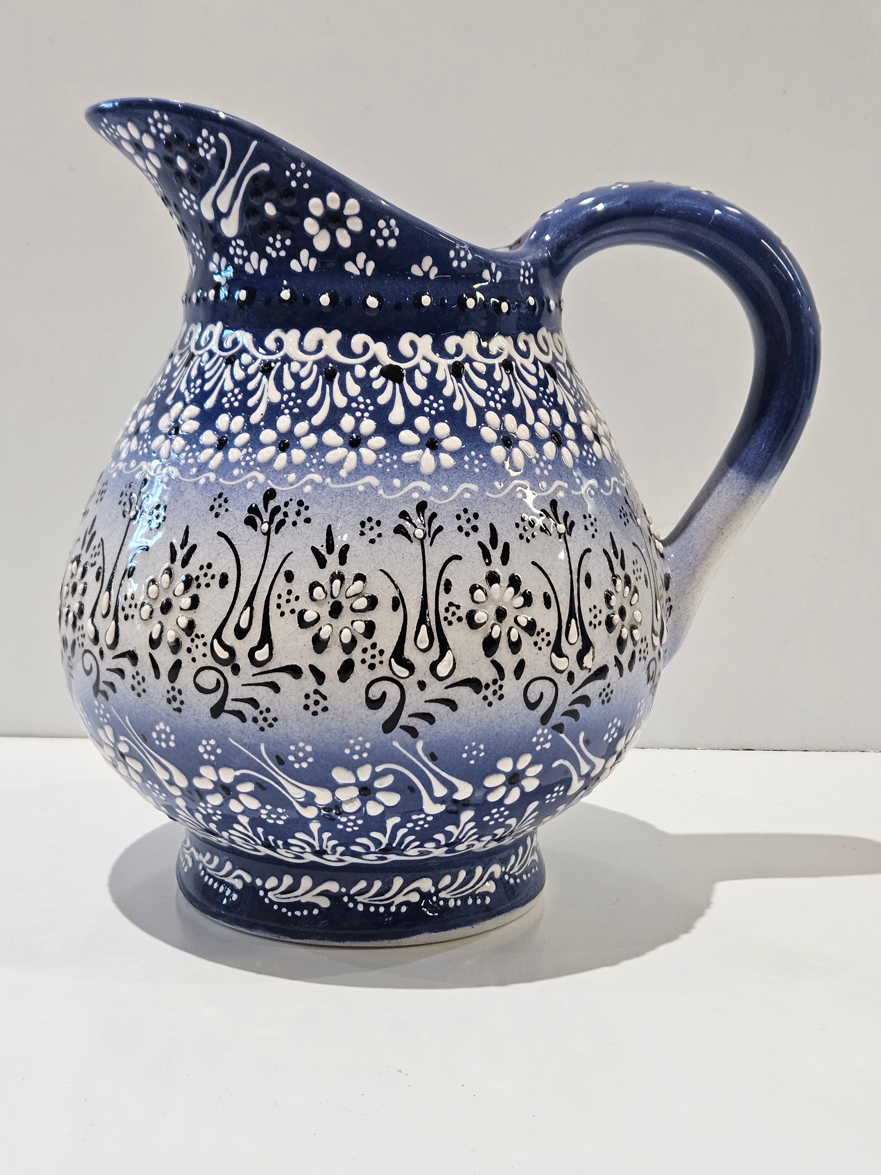 Hand Painted Blue White Floral Ceramic Pitcher Folk Art Pottery Water Jug Vase