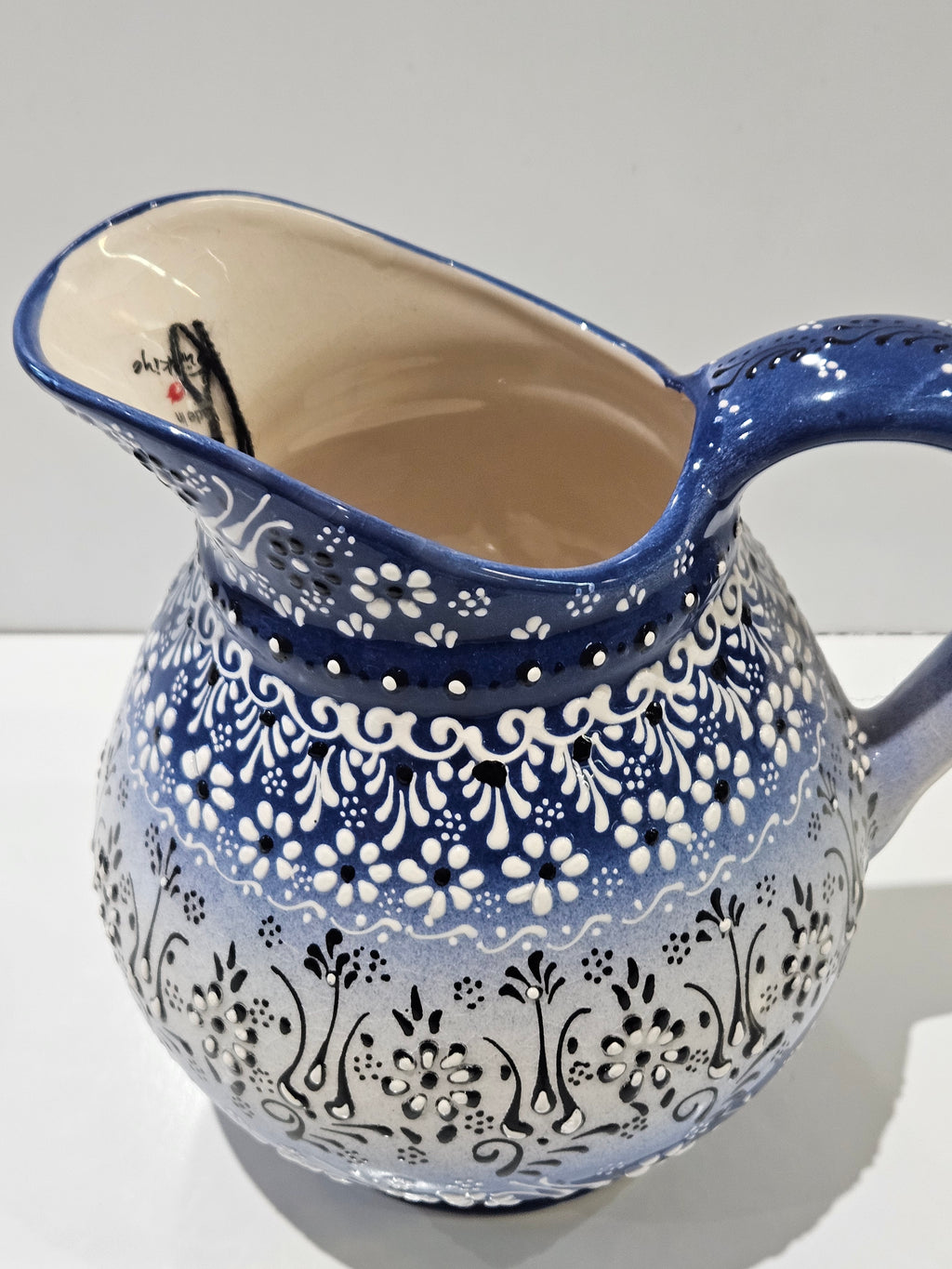 Hand Painted Blue White Floral Ceramic Pitcher Folk Art Pottery Water Jug Vase