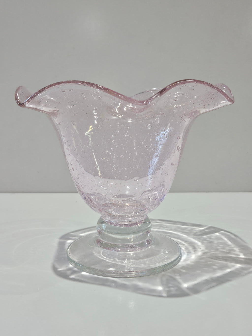 Vintage Hand Blown Pink Art Glass Bubble Pedestal Bowl Ruffled Compote Centerpiece
