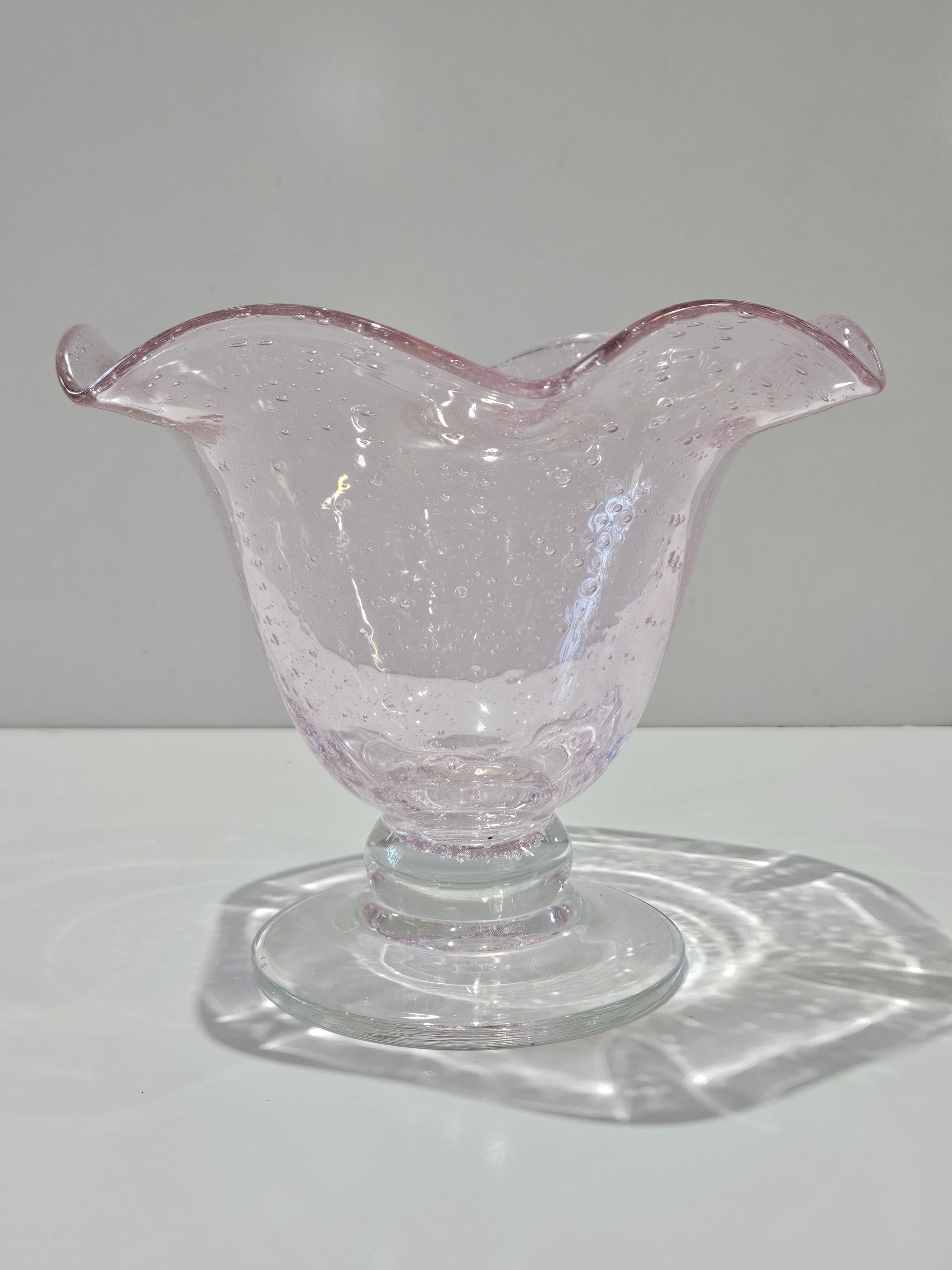 Vintage Hand Blown Pink Art Glass Bubble Pedestal Bowl Ruffled Compote Centerpiece