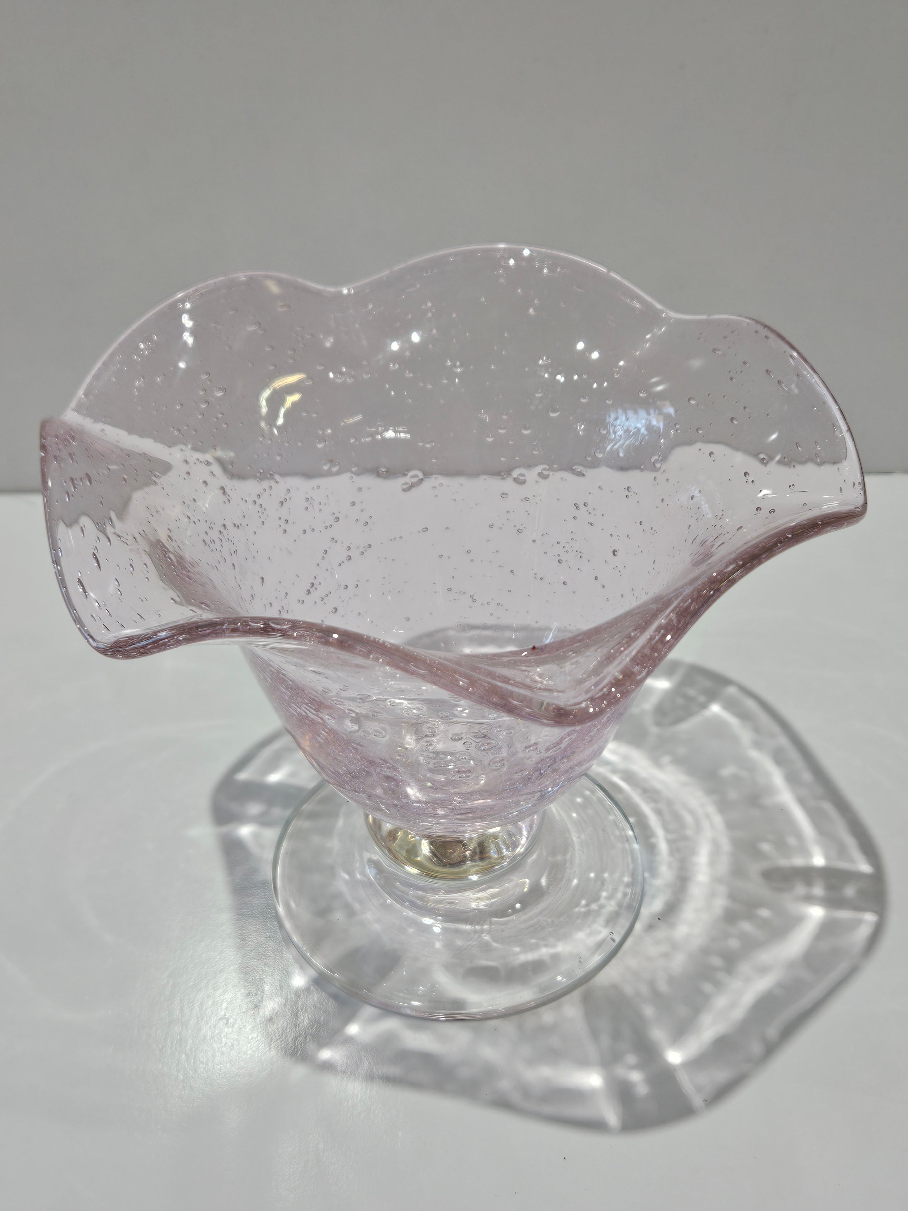 Vintage Hand Blown Pink Art Glass Bubble Pedestal Bowl Ruffled Compote Centerpiece