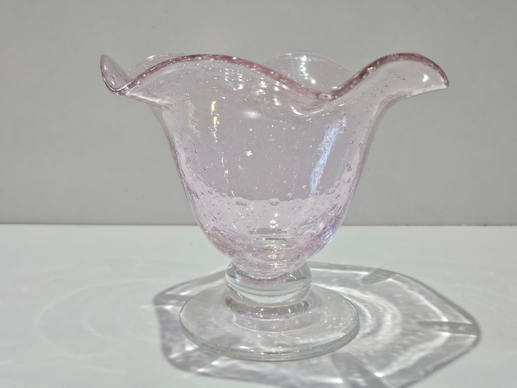 Vintage Hand Blown Pink Art Glass Bubble Pedestal Bowl Ruffled Compote Centerpiece