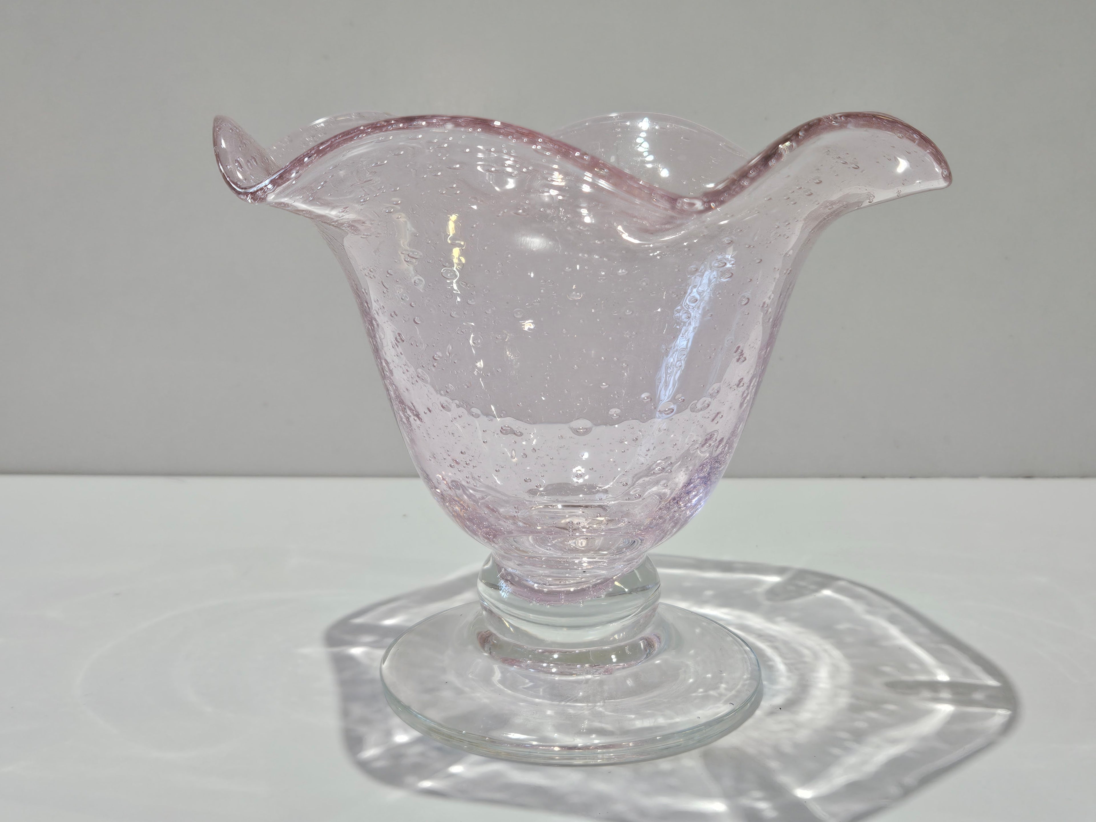 Vintage Hand Blown Pink Art Glass Bubble Pedestal Bowl Ruffled Compote Centerpiece