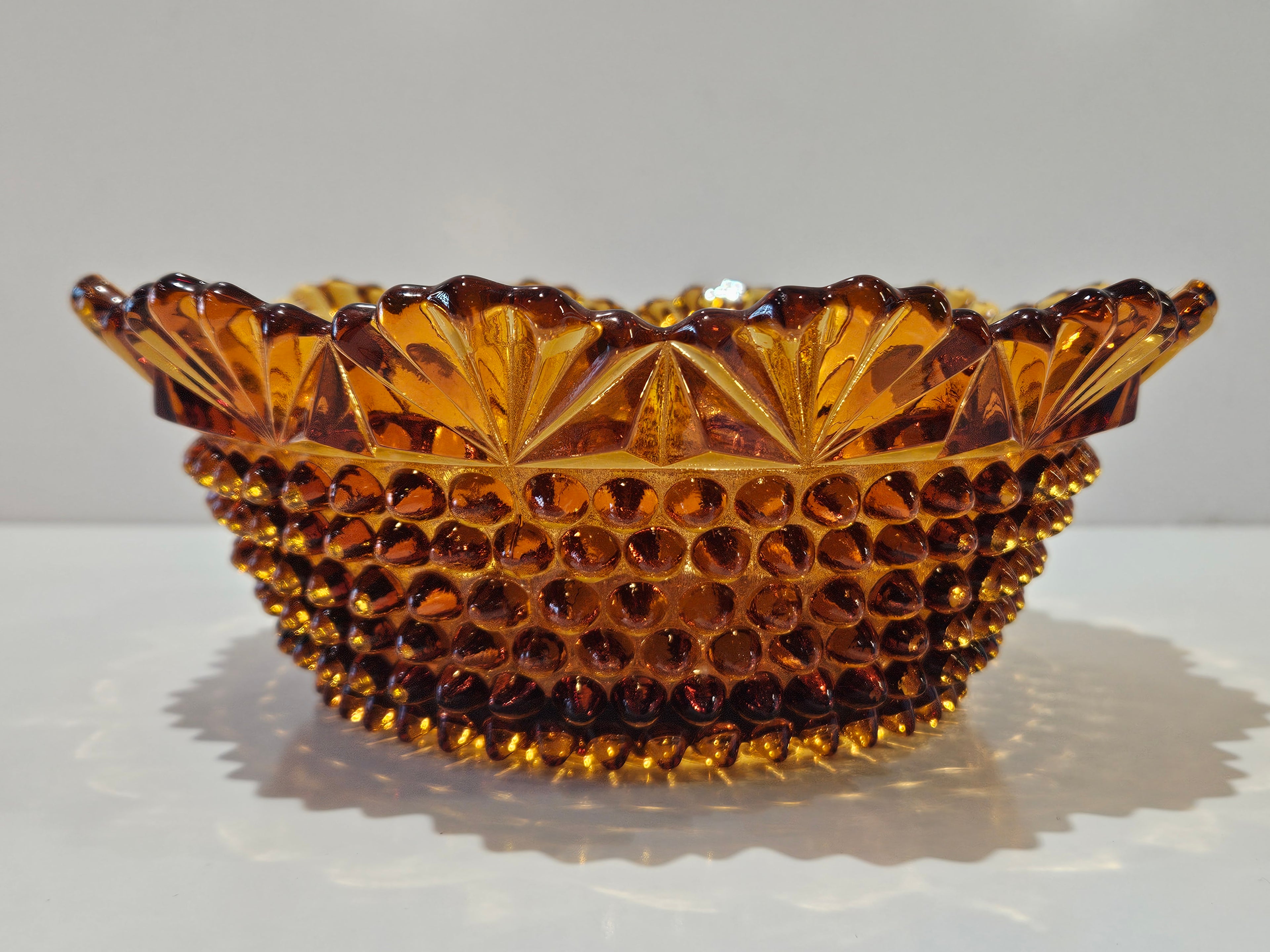 Vintage Amber Hobnail Pressed Glass Console Bowl Scalloped Rim Centerpiece Dish