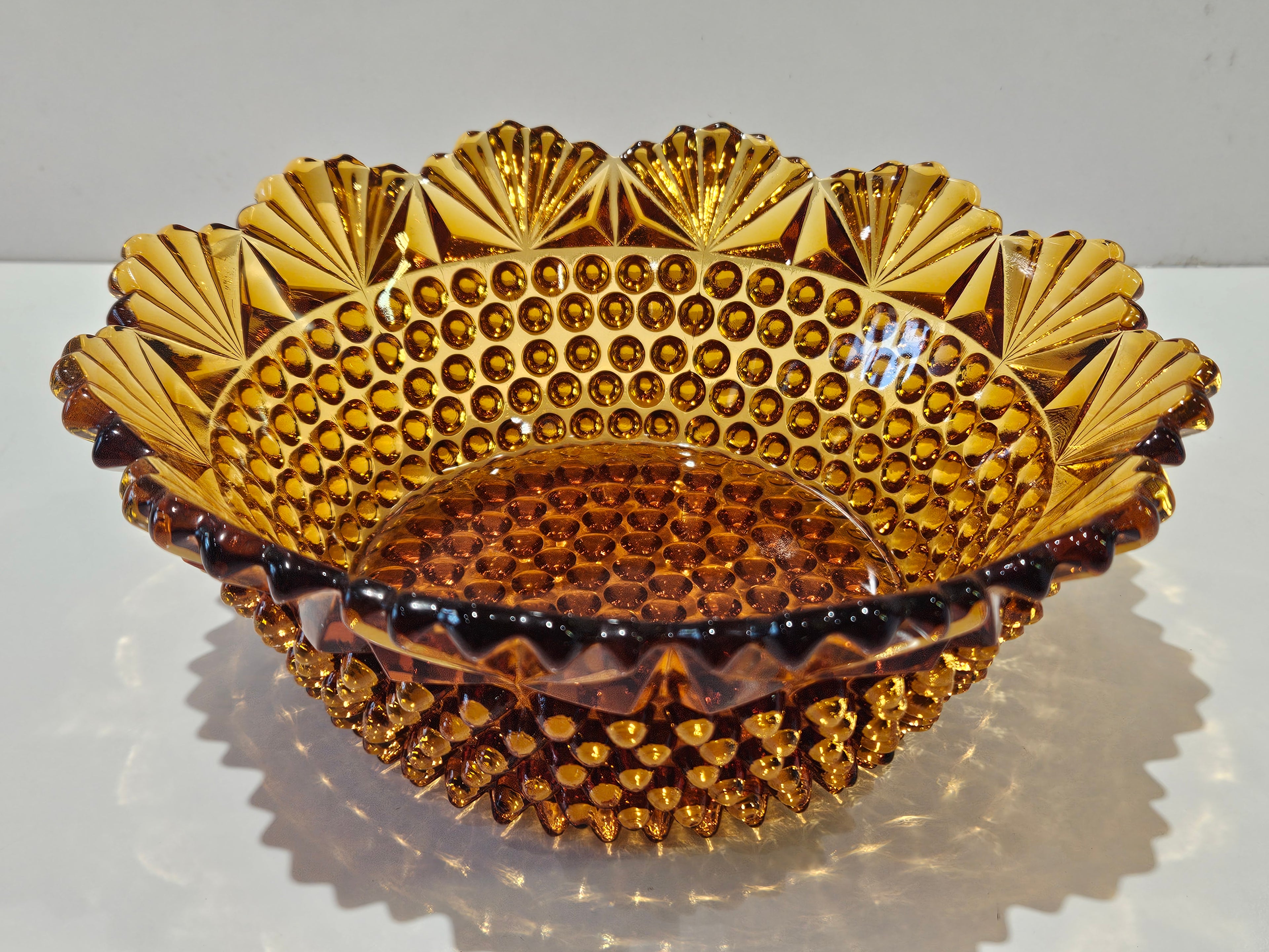 Vintage Amber Hobnail Pressed Glass Console Bowl Scalloped Rim Centerpiece Dish